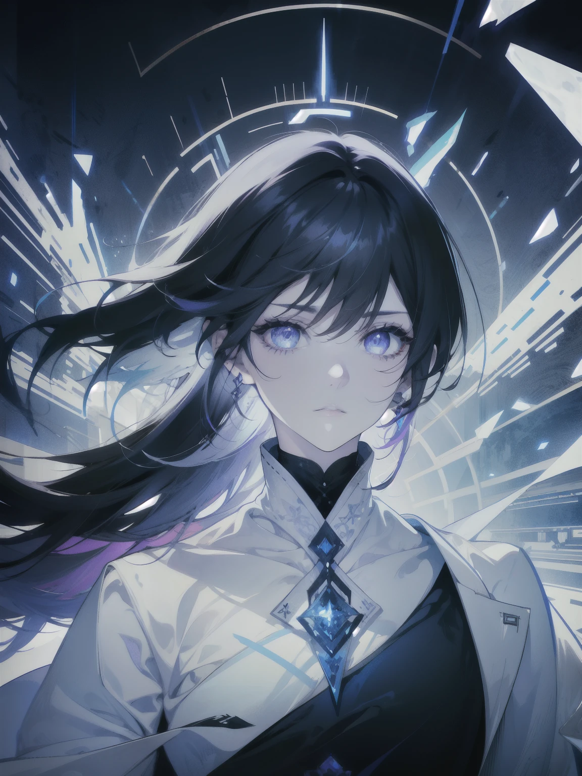 Female, medium black hair, blue side hair, flyng bangs, white hair, equals eyes, purple eyes, white skin, Milky Way, Dynamic Pose, Dramatic Composition, white clothes, Extreme Detail, Floating in the Air, Halo Effect, brilliant aura