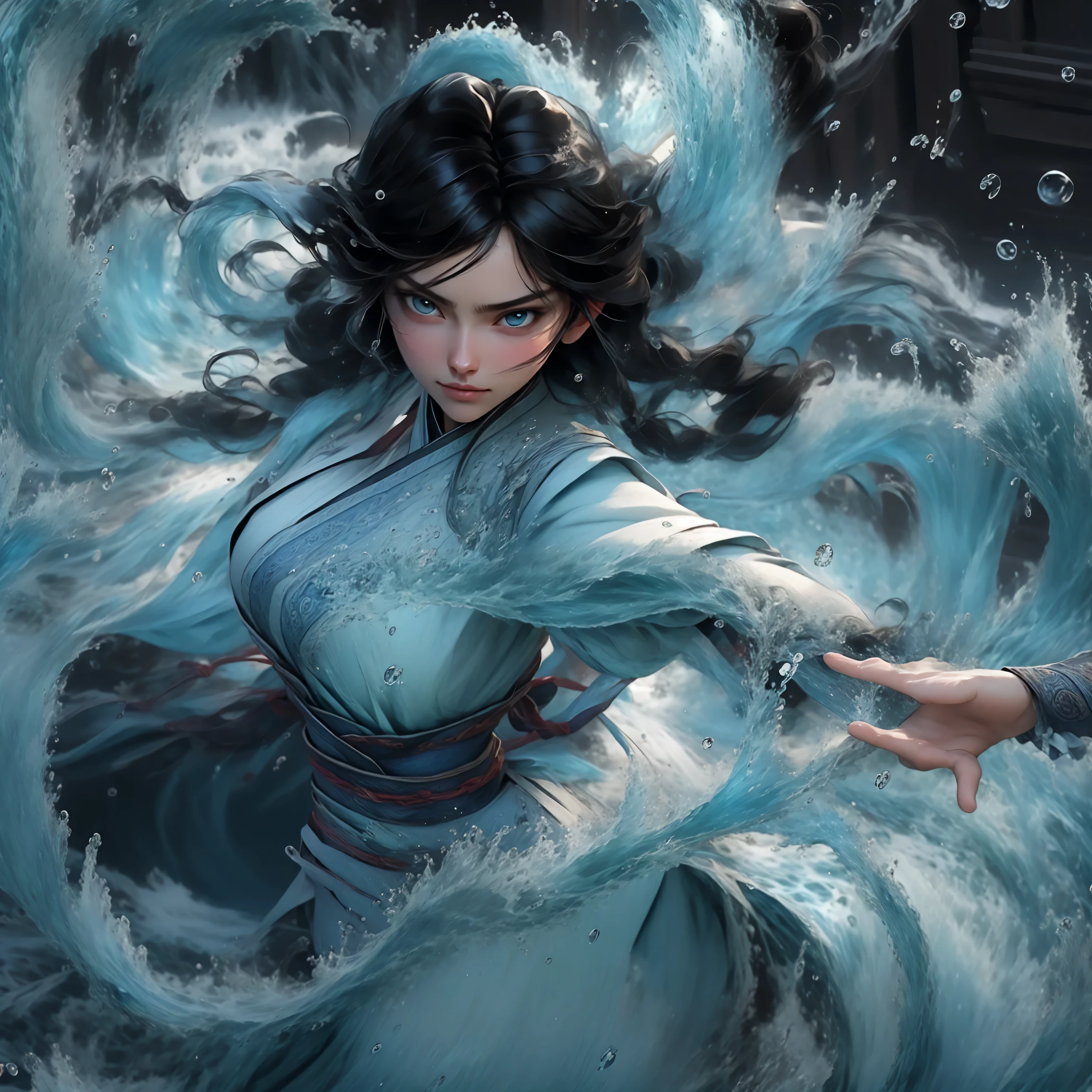 Fisheye, masterpiece, top quality, best quality, official art, Beautiful and beautiful, animated water, (flowing water),Flowing water droplets,(splashing water droplets),water magic,water magic practice,
1 girl, long hair,  water surrounds girl'Body,
maid头饰, maid apron, maid, 
indoors, library, black hair, pretty face,
raise your hand, fighting stance, poker face, friction ridge