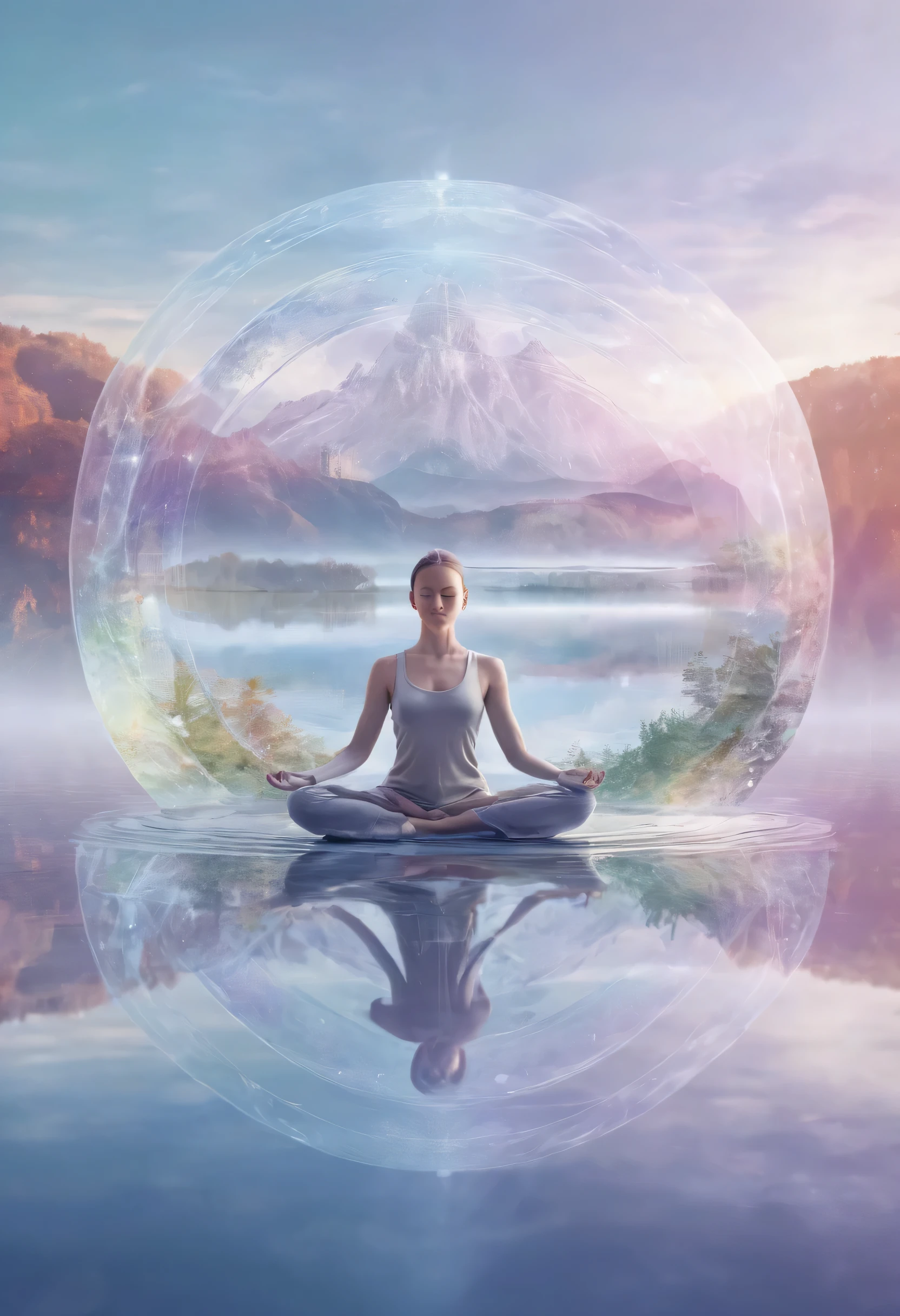 Transparent body，Yoga meditation，lake surface，Vision of a future utopian world，（multiple exposure：1.8），Complex illustrations in surreal art style，surreal dream，Future utopian world dream