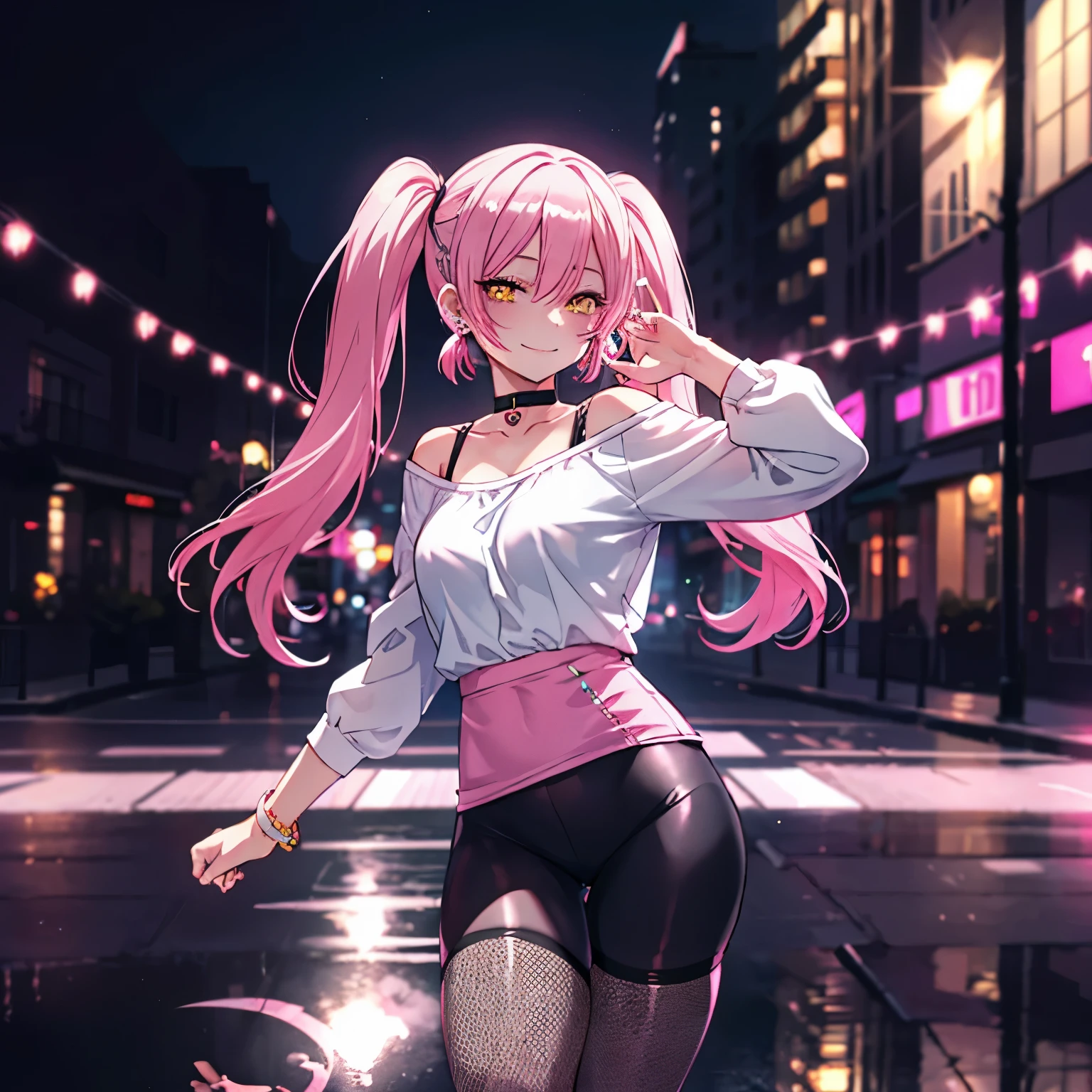 1 girl, yellow eyes, twintails, long hair, pink hair, medium breasts, medium ass, smile, Happy, Hairpins, Choker, smile, happy face, park, day, Earrings, Leggings, fishnet blouse, black top, foot, Blurred background, ultra detailed, 8K wallpaper, reflection light, ray tracing, realistic