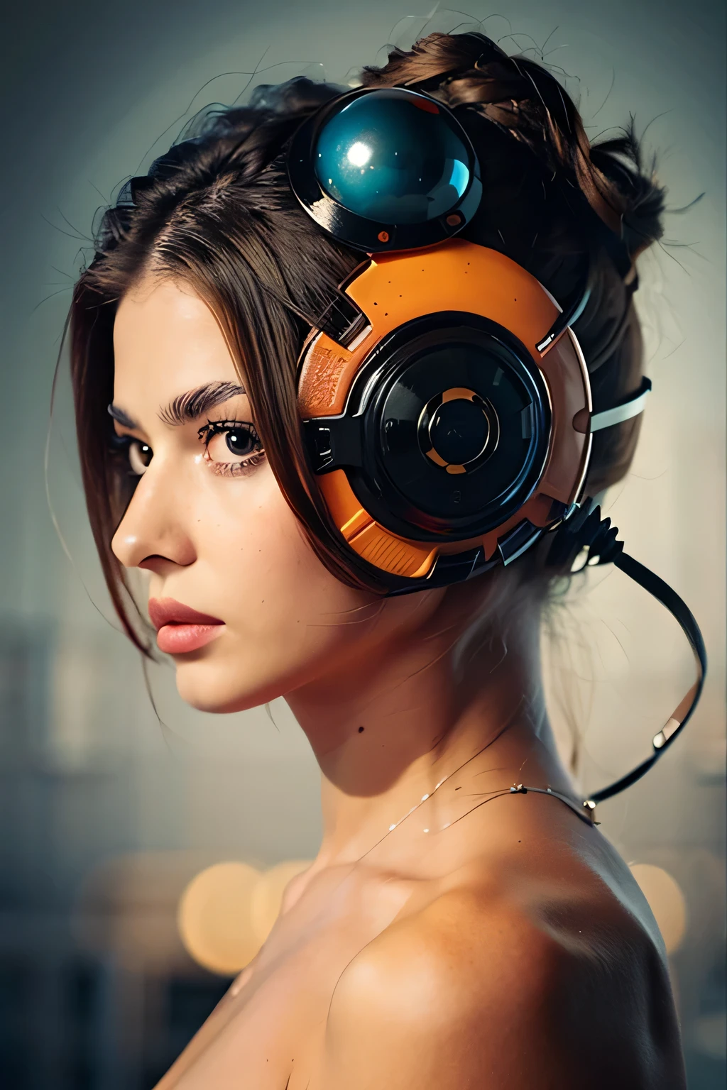 Abstract, graphic design , digital art, in the style of surrealistic portraits, dark orange and azure, mechanized forms, daz3d, hans zatzka, android jones, paint dripping technique 