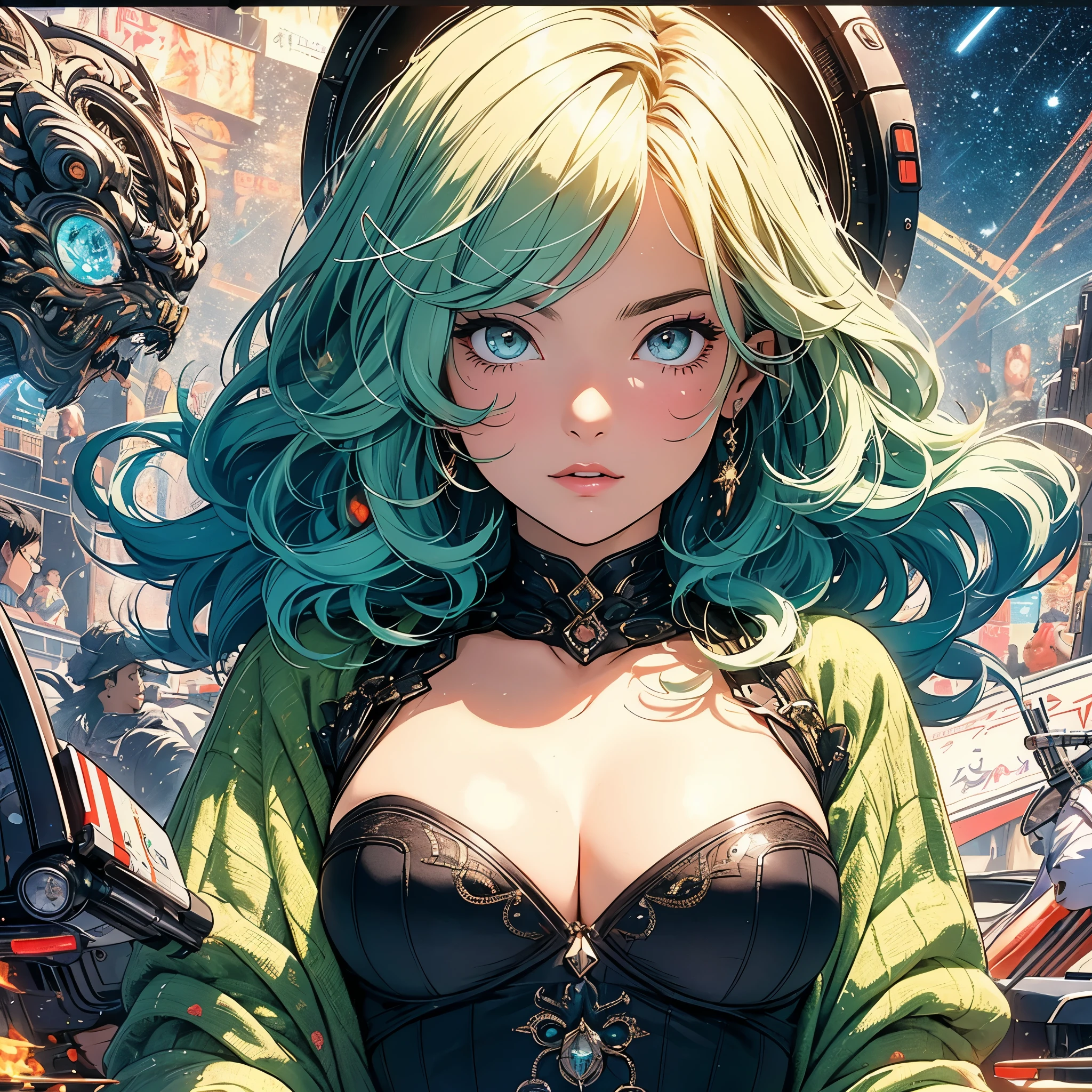 (masterpiece, highest quality), 32K,(highly detailed beautiful woman), poster,SF,1960s,1970s,bauhaus, shape, abstract,movie poster, vintage,retro,futuristic anime,ultimate map,highlight,highly detailed glowing eyes,cleavage,complicated pattern,Stylish hairstyle,emerald green clothes,Starry Sky,cyber punk