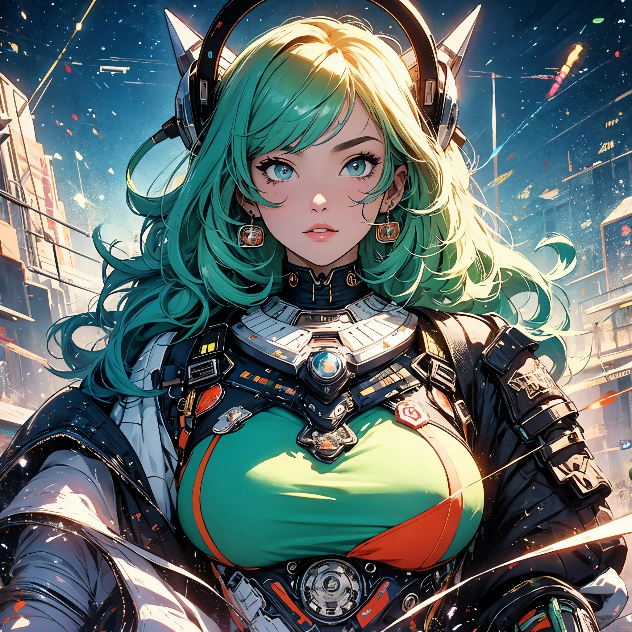(masterpiece, highest quality), 32K,(highly detailed beautiful woman), poster,SF,1960s,1970s,bauhaus, shape, abstract,movie poster, vintage,retro,futuristic anime,ultimate map,highlight,highly detailed glowing eyes,cleavage,complicated pattern,Stylish hairstyle,emerald green clothes,Starry Sky,cyber punk