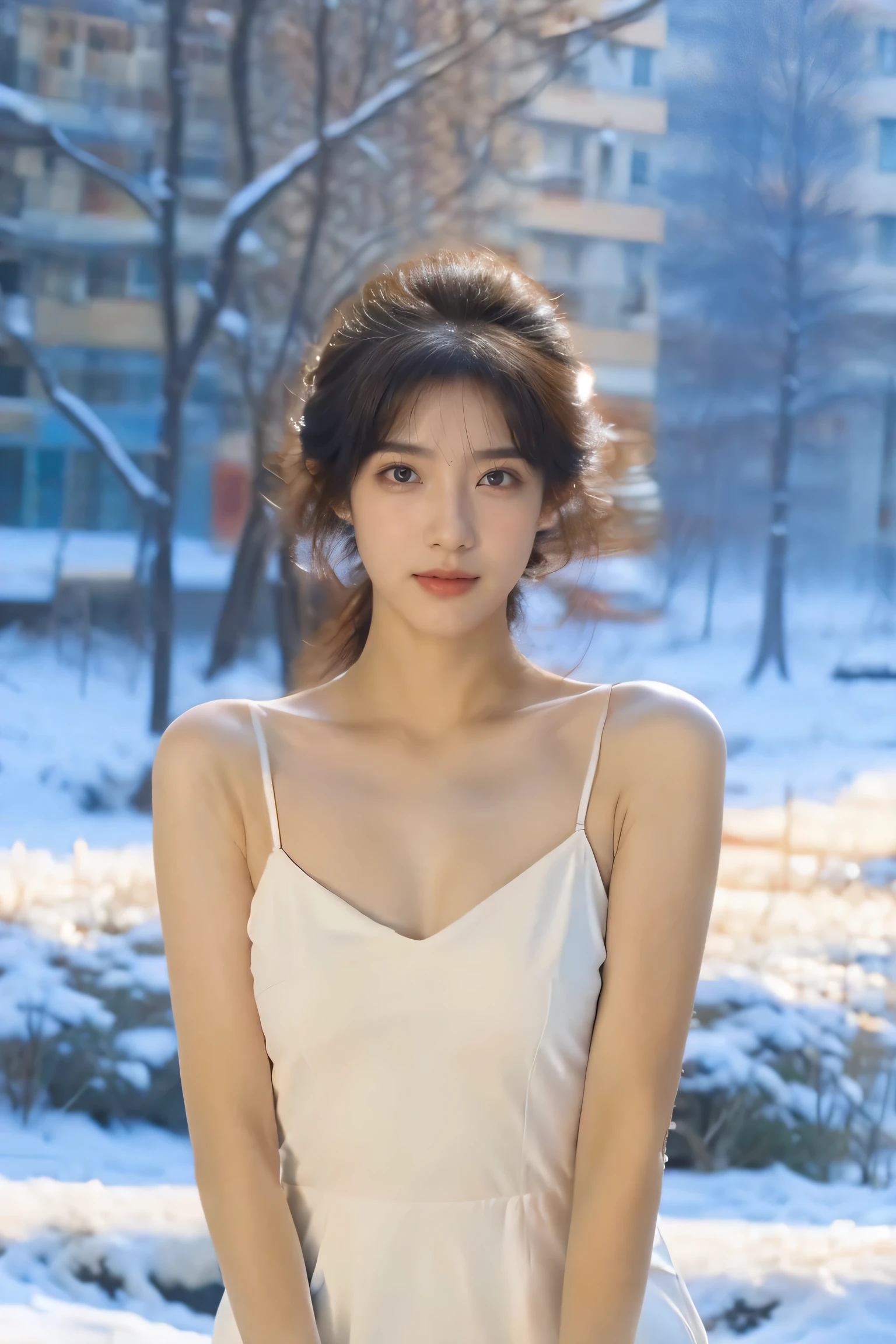 best quality, masterpiece, 4k, 1 girl, suspender skirt, Ice and Snow World, Upper body, Waved, alone, skinny, short hair, looking at camera，Show cleavage。Exposed milk，super sexy，V-neck，Super real，whole body