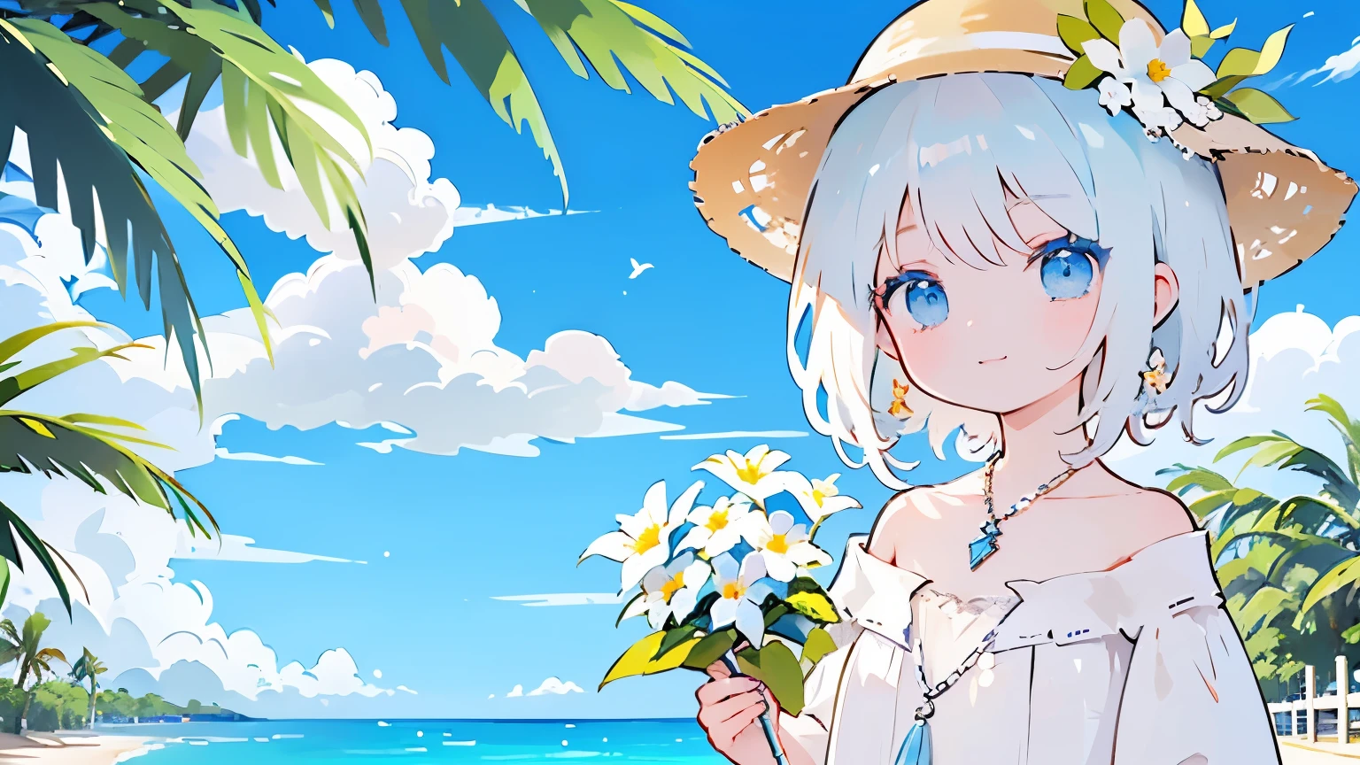 Light golden hair、blue eyes、long、girl with、White Dress、Shoulder out、mare、blue-sky、Straw hat with flowers、looking at the viewers、Palm trees、Small necklace、blue gemstone、closes mouth、smil、Have a small bouquet、white blossoms、blue flower、discret smile、cute smile face