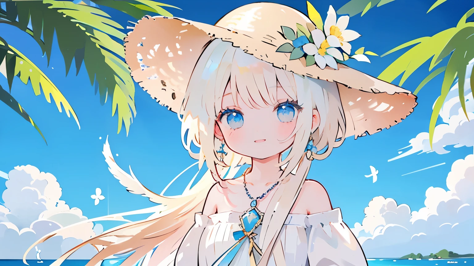 Light golden hair、blue eyes、long、girl with、White Dress、Shoulder out、mare、blue-sky、Straw hat with flowers、looking at the viewers、Palm trees、Small necklace、blue gemstone、closes mouth、smil、Have a small bouquet、white blossoms、blue flower、discret smile、cute smile face