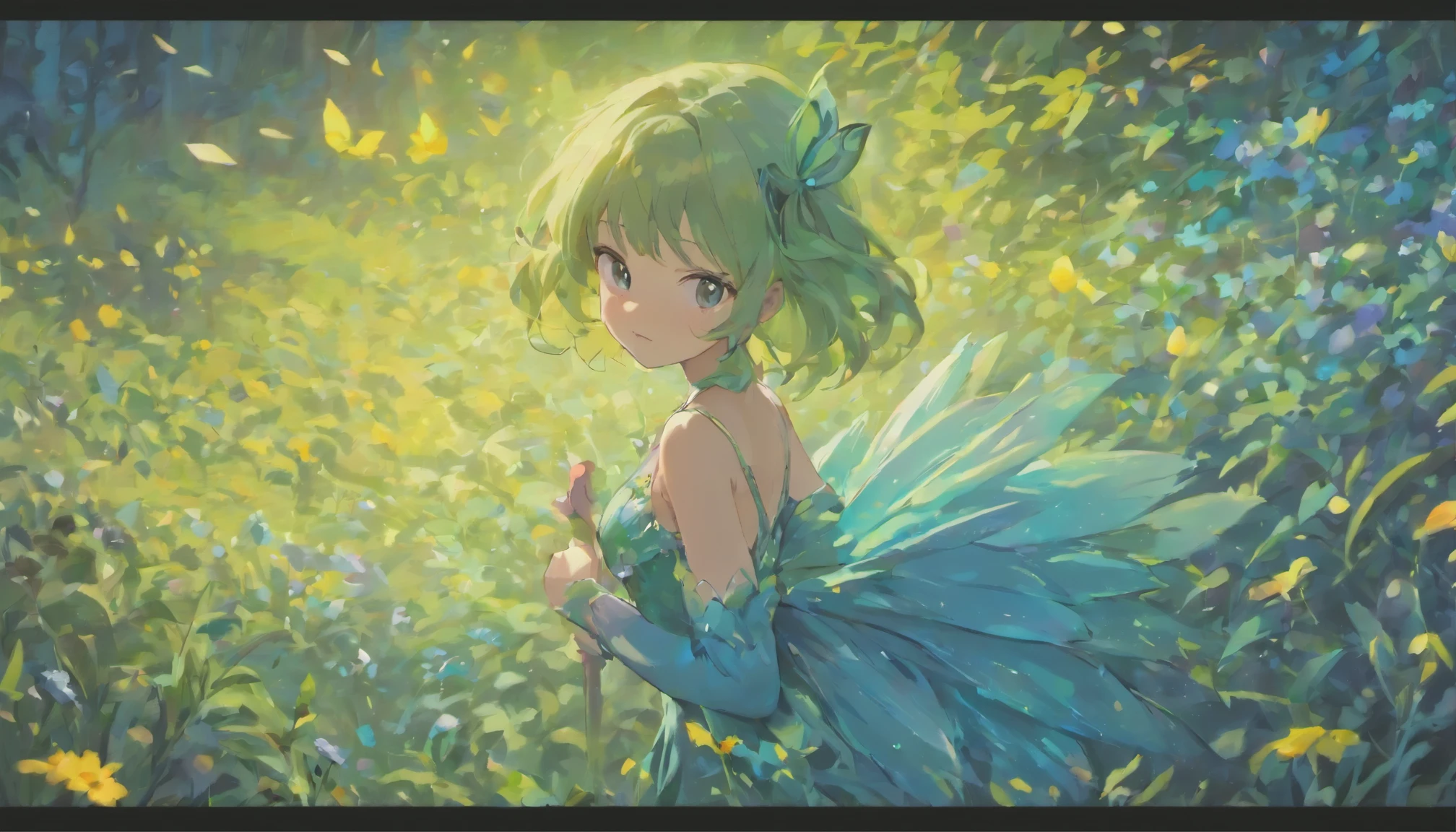 ln the forest,night moon,Mini cute 3 flower fairy, Chubby toot,Skirt made of petals,Huge flowers,Colorful colorful,Transparent colorful wings, Magic wand,closeup cleavage,Light attenuation,Glow effects,depth of fields,high light,Real light,Ray traching,oc rendered,Hyper-realistic,best qualtiy,8K,Works of masters,supene,Detailed pubic hair,Correct anatomy,sharp focus on eyes,Bokeh,Facial features are carefully depicted,in style of hayao miyazaki,Miyazaki animation style