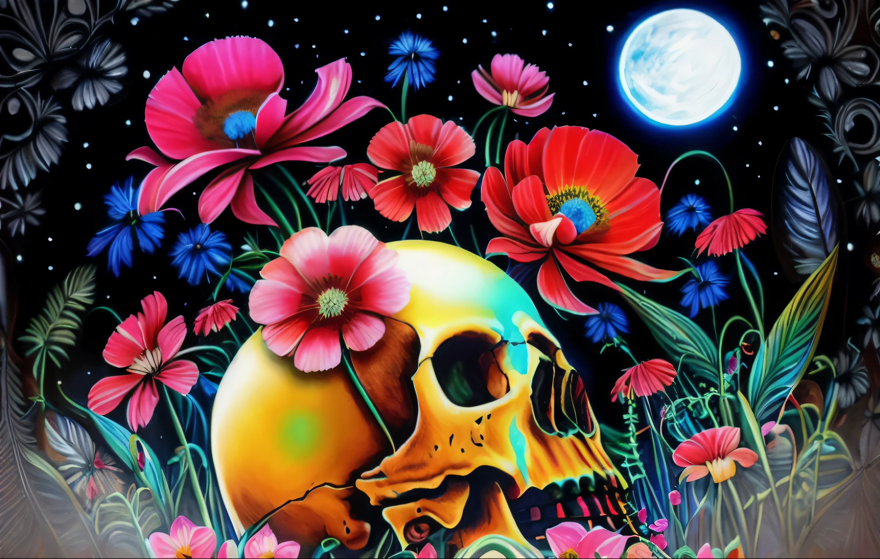 There is a skull painting，There are flowers inside, The sky is filled with the scent of red flowers, skull bone flower, Wide field of view, Psychedelic Surreal Art, dead plants and flowers, alien flora and fauna, Psychedelic illustration, Psychedelic Cosmic Horror, Psychedelic Flower Planet, alien flower, Hallucinogens, psychedelic aesthetic, Humanoid creature covered with flowers, psychedelic art, alien flora