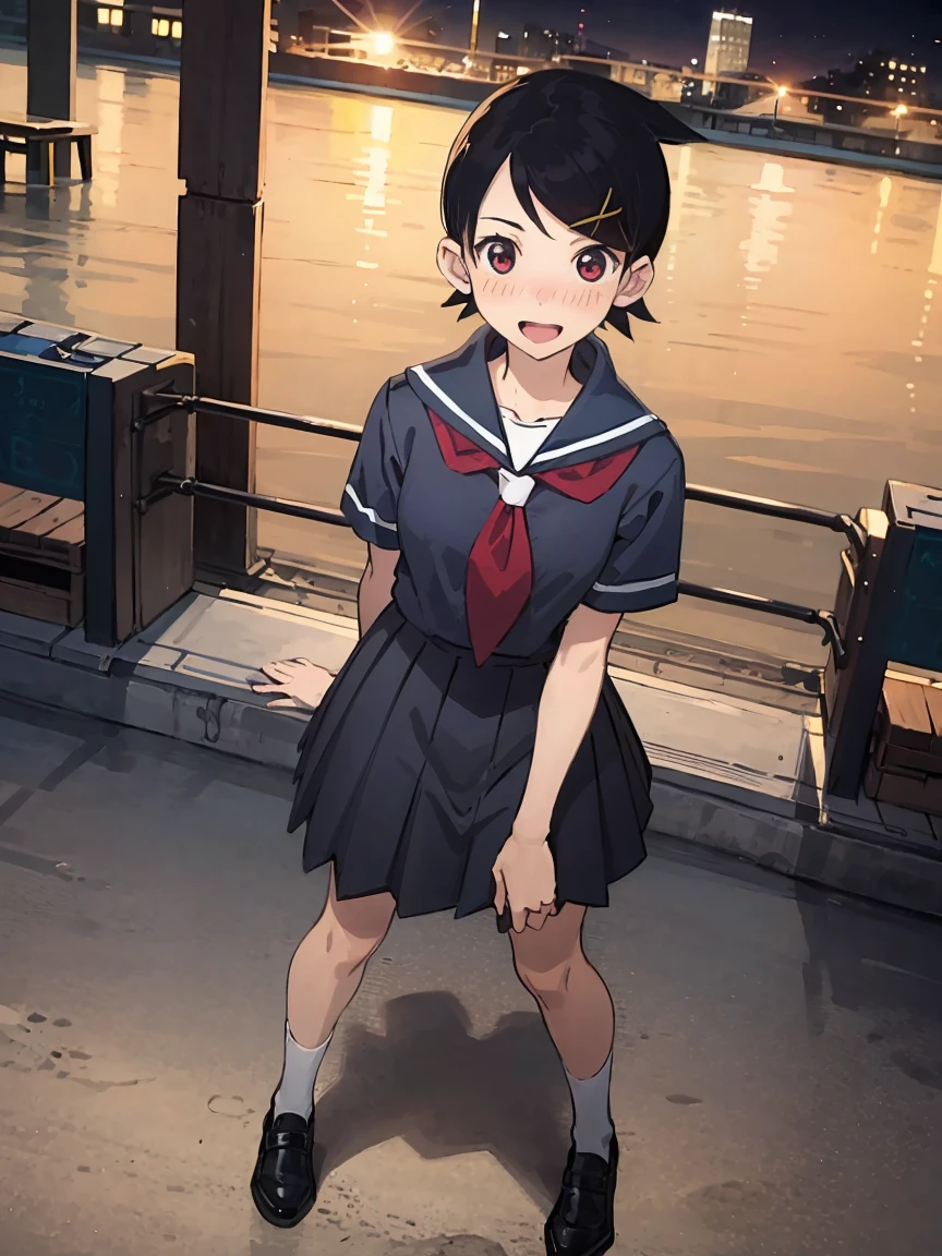 KafukaFuura, school uniform, blue skirt, short sleeves
BREAK 
(full body view), (full body shot), hands behind your back, arms behind, open the legs, standing, leaning forward, 
BREAK
(grinning face), (nose blush), (open your mouth)
BREAK 
Masterpiece, best quality, high resolution, 8K, official art, super resolution, extremely detailed and beautiful, extremely detailed, amazing and detailed, highly detailed beautiful girl, highly detailed face, highly detailed eyes, highly detailed skin, highly detailed fingers, highly detailed nose, very detailed mouth, perfect anatomy
BREAK
Majestic and fantastic background, shining stardust, night sky, milky way, backoutdoors, lakeside pier, extremely detailed CG unity 16k, very fine 16KCG wallpapers