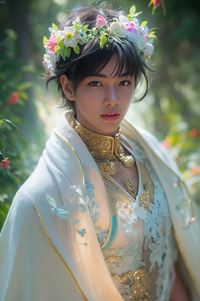 1boy, photo of very very handsome suave smiling young 25-year-old male Japanese prince, clothed in white underwear, wearing a large futuristic crown, walking towards the camera, isolated, in the middlea nowhere, walking in an ethereal enchanted forest with neon glowing flowers and a rainbow in the sky, sci-fi, intricate, neon light, ((perfect face)), ((perfect hands)), ((perfect body)), ((correct anatomy)), ((ultra-realistic)), ((8k, UHD)), highly detailed, digital painting, artstation, concept art, human anatomy, soft light, smooth, illustration, art by tian zi and craig mullins and WLOP and alphonse mucha