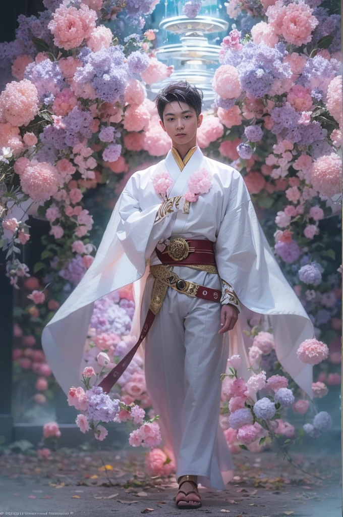 1boy, photo of very very handsome suave smiling young 25-year-old male Japanese prince, clothed in white underwear, wearing a large futuristic crown, walking towards the camera, isolated, in the middlea nowhere, walking in an ethereal enchanted forest with neon glowing flowers and a rainbow in the sky, sci-fi, intricate, neon light, ((perfect face)), ((perfect hands)), ((perfect body)), ((correct anatomy)), ((ultra-realistic)), ((8k, UHD)), highly detailed, digital painting, artstation, concept art, human anatomy, soft light, smooth, illustration, art by tian zi and craig mullins and WLOP and alphonse mucha