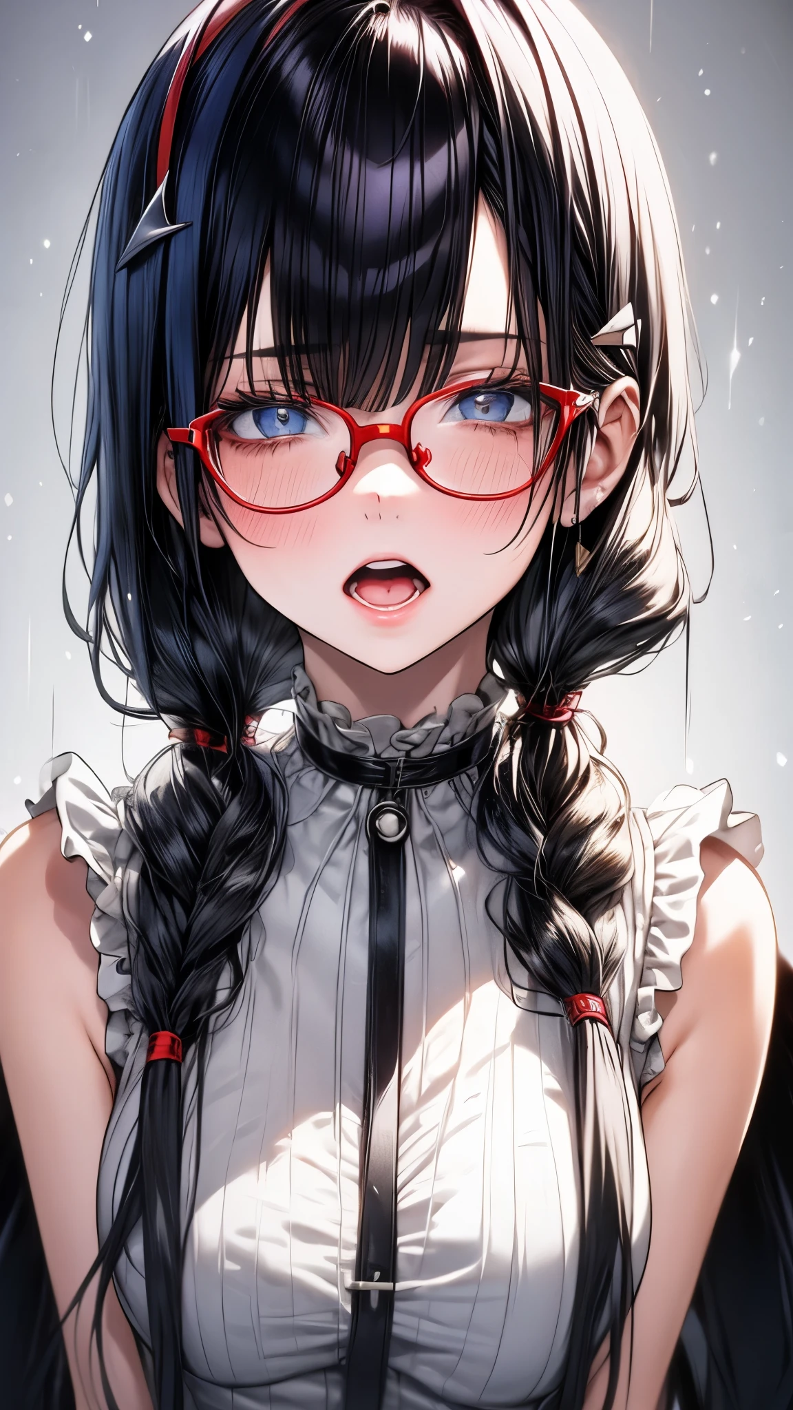 1 female,black hair, ,((impatient look)),beautiful breasts,thin white tank top,good style,,(facing the front)(((cheeks turn red、surprised expression)),(((Underponytail))),((( upper body portrait)))frameless glasses,blue eyes,(((The bangs are even)))((See-through))(wet state)