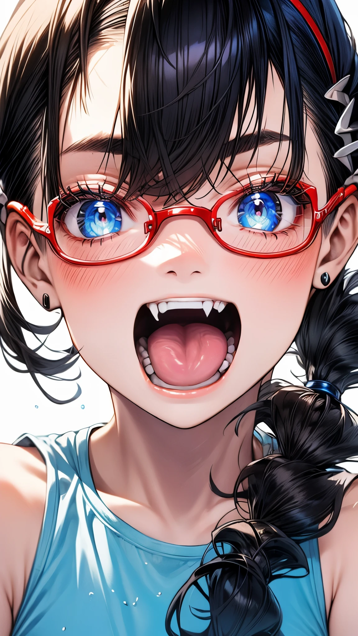 1 female,black hair, ,((impatient look)),beautiful breasts,thin white tank top,good style,,(facing the front)(((cheeks turn red、surprised expression)),(((Underponytail))),((( upper body portrait)))frameless glasses,blue eyes,(((The bangs are even)))((See-through))(wet state)