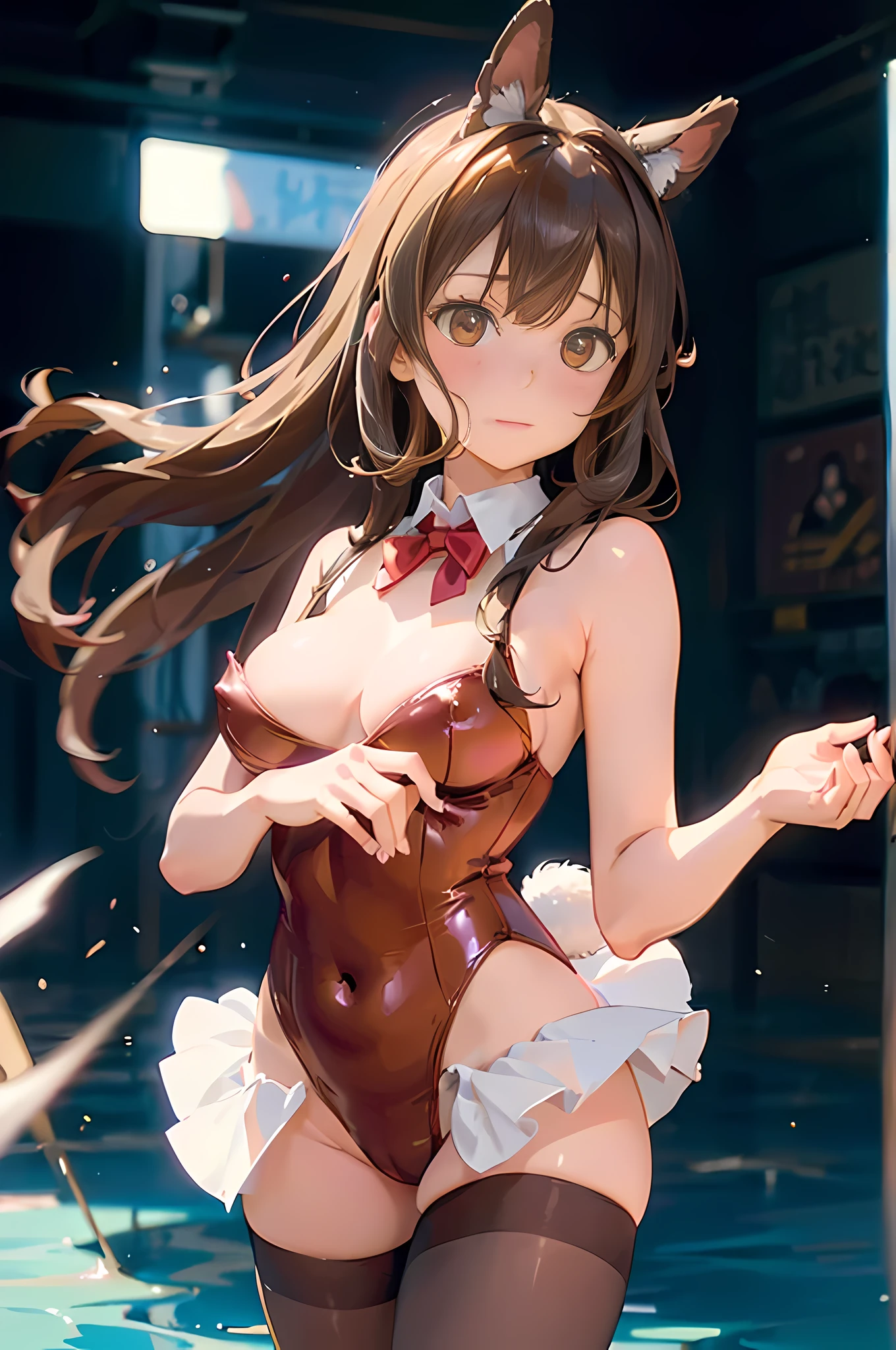 Series of 3 cartoon images of a girl dressed as a bunny girl eating cupcakes, 1 girl, chest, animal ears, tail, playboy bunny, rabbit tail, Akagi (KanColle), nipple, pantyhose, long hair, red leotard, large chest, leotard, fake animal ears, blush, brown eyes, wardrobe malfunction