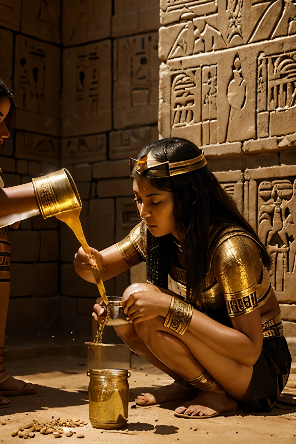 Generate an image depicting an ancient Egyptian woman pouring urine into two separate containers—one with barley and the other with wheat—while surrounded by symbols of ancient Egyptian culture.