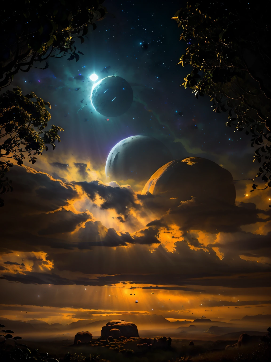 landscape on strange alien planet, twin suns, atmospheric colors, fields, trees in background, dense foliage, picturesque, stars visible, dense clouds