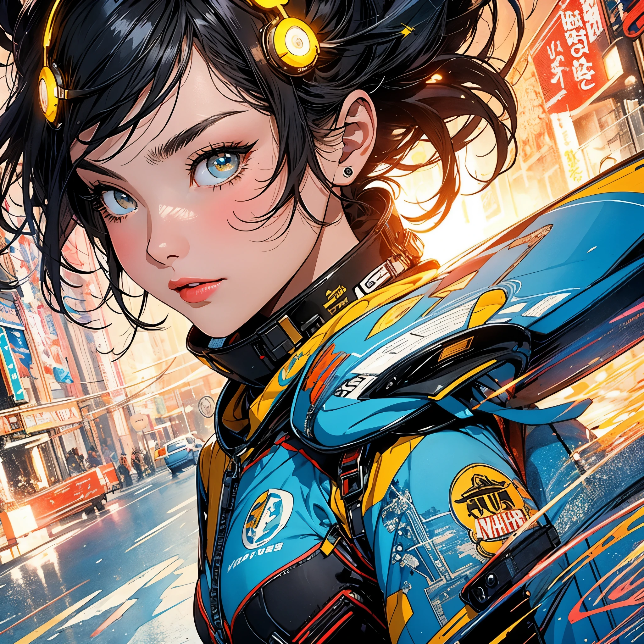 (masterpiece, highest quality), 32K,(highly detailed beautiful woman), poster,SF,1960s,1970s,bauhaus, shape, abstract,movie poster, vintage,retro,futuristic anime,ultimate map,highlight,highly detailed glowing eyes,cleavage,complicated pattern,Stylish hairstyle,yellow clothes,Starry Sky,cyber punk