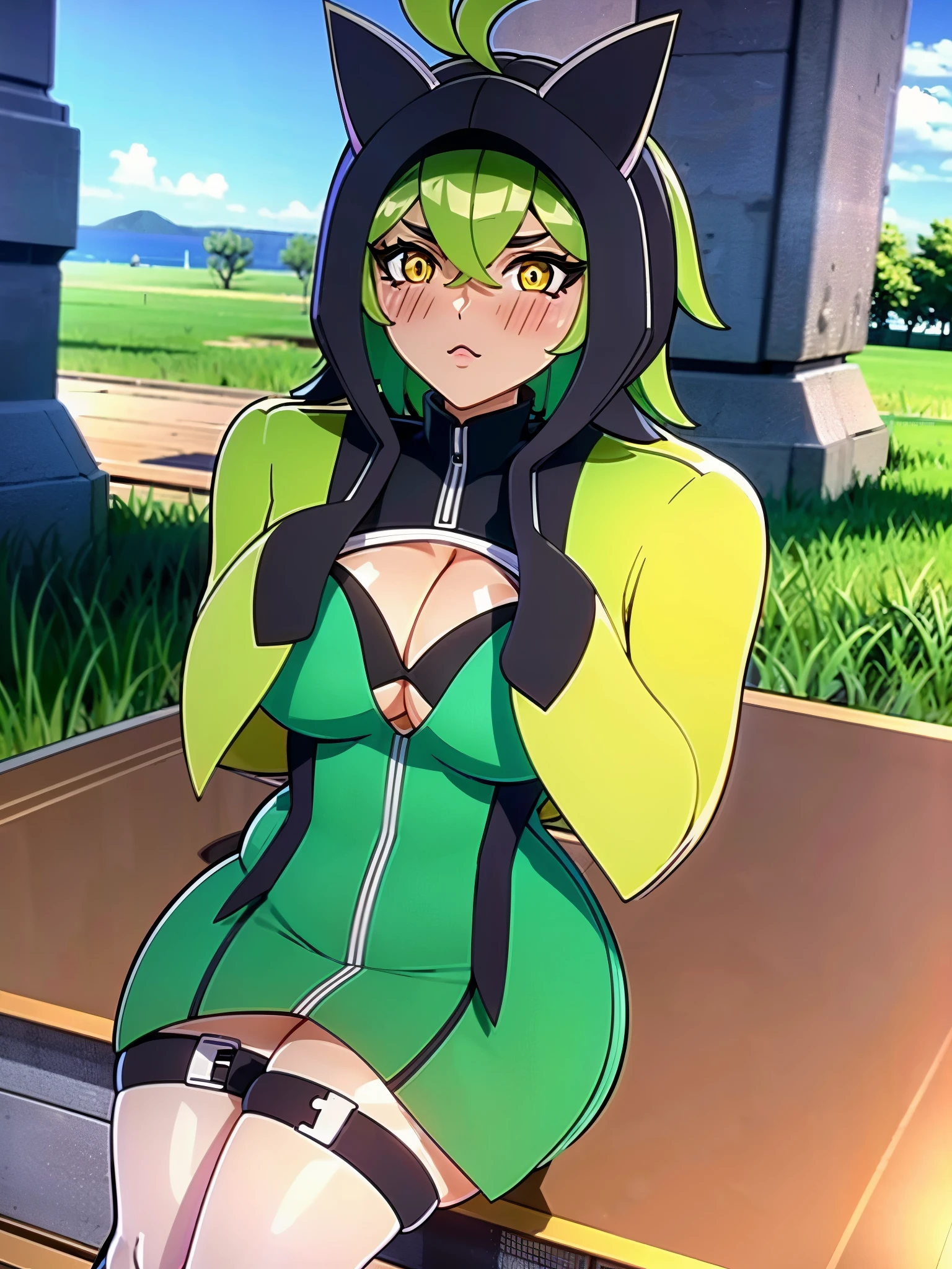 8k, RAW photos, top quality, masterpiece: 1.2), (High Quality), ray tracing, HDR, (High Details), (Face detail), (Shadow Detail), (amplected), stylized blush, 3d, 3d render, 1girl, solo, masterpiece, best quality, high quality, highres, 4K, perfect anatomy, rendered eyes, makeup, woman, detailed, cleavage, thick thighs, 1girl, solo, seductive eyes, masterpiece, best quality, high quality, highres, 4K, tall, matured female, ogerpon, pokemon \(creature\), yellow eyes, hood, +_+, humanoid, dark skinned female,black spiked hood, green dress, green ahoge, oversized black cloak, oversized sleeves, large sleeves, slim waist, wooden legs