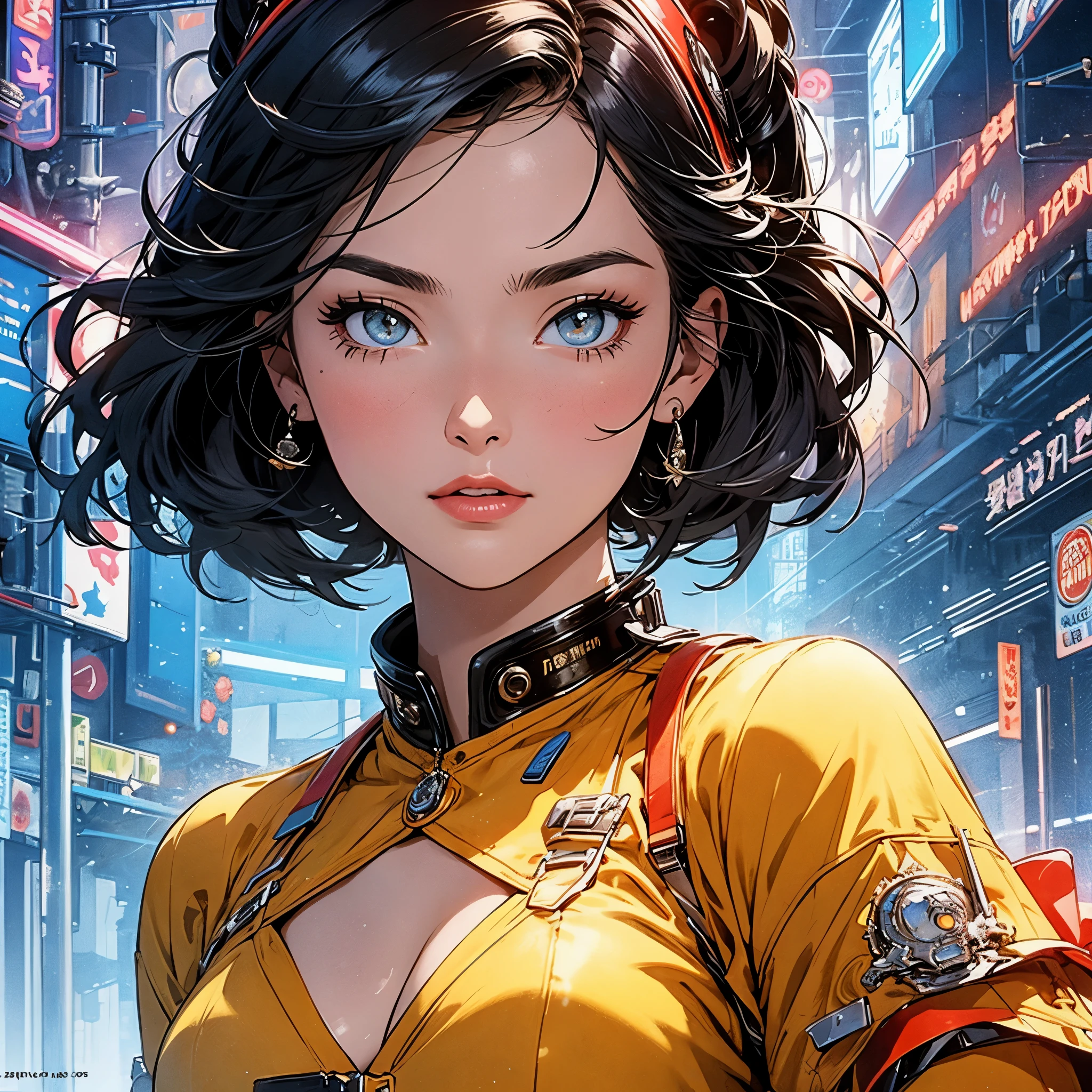 (masterpiece, highest quality), 32K,(highly detailed beautiful woman), poster,SF,1960s,1970s,bauhaus, shape, abstract,movie poster, vintage,retro,futuristic anime,ultimate map,highlight,highly detailed glowing eyes,cleavage,complicated pattern,Stylish hairstyle,yellow clothes,Starry Sky,cyber punk