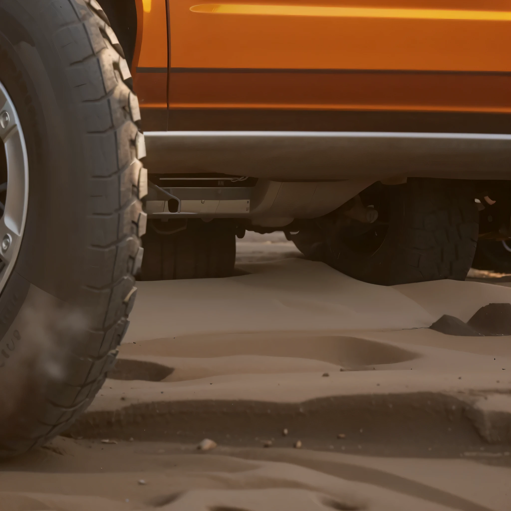 there is a truck,Equipped with black tires and black rims, Super detailed. number, Close-up picture, Real close-up, Close-up of lower body, Detailed leg upward shot, Few details. number, extremely high detail, off-road, middle close-up, 4K details, 4K details, Extremely realistic details,real scene