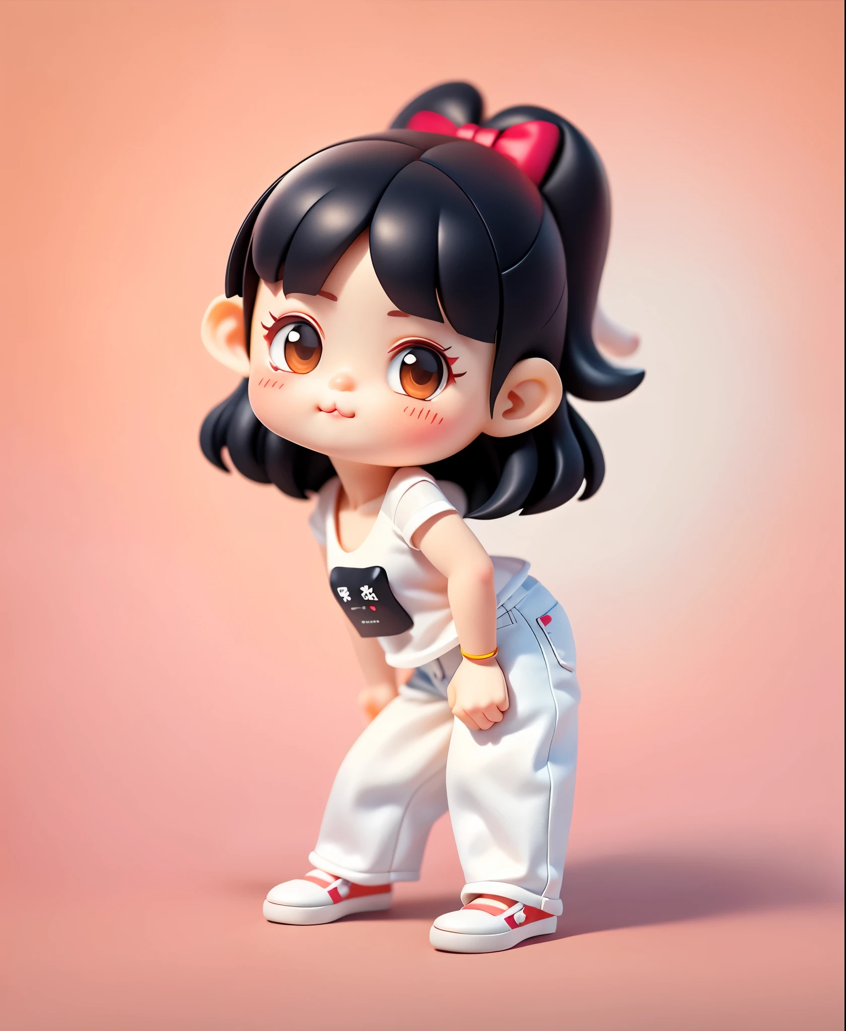 Blind box toy style，a cute little girl，cute face，black hair，white undershirt，jeans，flat shoes