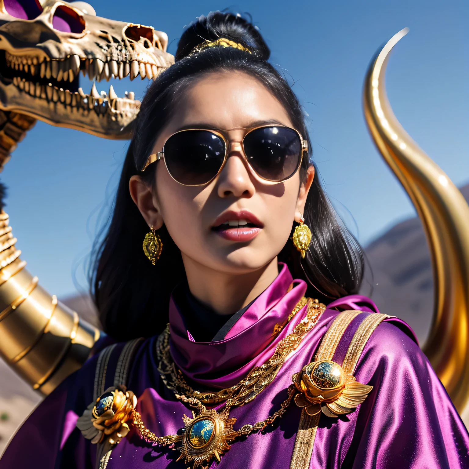 On snowy nights,32k(masterpiece,HD,super high quality,32k)Purple-pink double ponytail,flower stick,Indigo Skull King ,mahogany steering wheel (The skeleton is very realistic:1.4),crocodile print robe,Rusty skull ornaments,Sand gold linen cloak,Petals flying,Deep gold sunglasses,Hold your head high,worthy of pride,looking at people through nostrils,A primary and secondary school student, high resolution,Xueba, detail, original photo, Sharp Re, Nikon D850 film photo by Jefferies Lee 4 Kodak Portra 400 camera F1.6 guns, rich and colorful, Super real、Vivid texture, dramatic lighting, Unreal Engine Art Station Trend, Silicon Nest 800,Hold your head high,side,worthy of pride,looking at people through nostrils,arrogant,Petals flying,Petals flying,Gold-plated crocodile leather,Fluttering,Impeccable,( Reasonable design, clear lines, HD definition,best quality, Very detailed skeleton, skeleton of masterpiece, official art, Lighting effects, 8K crocodile skeleton(((Platinum marble sunglasses)))Deep gold sunglasses,sideportrait