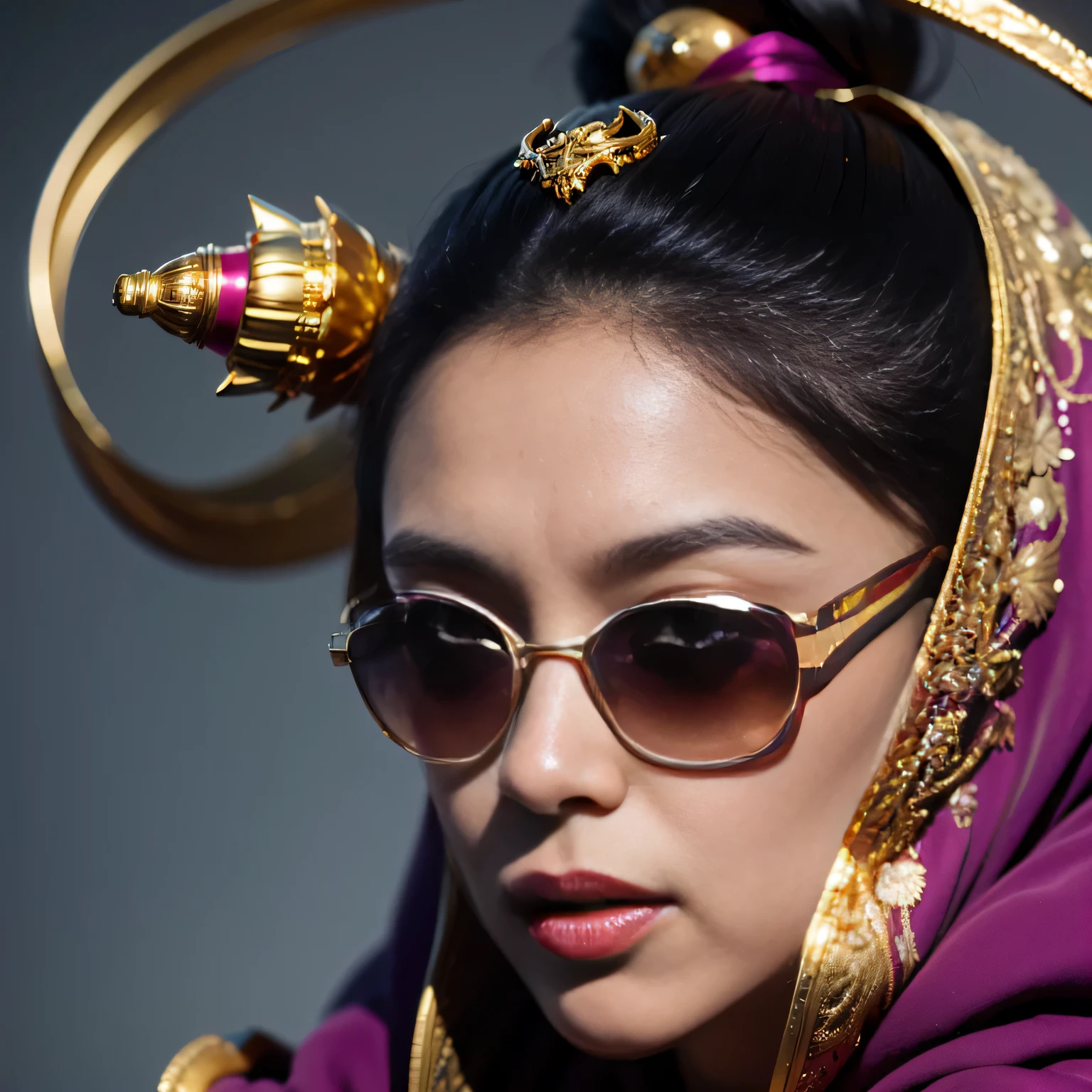 On snowy nights，32k（masterpiece，HD，super high quality，32k）Purple-pink double ponytail，flower stick，Indigo Skull King ，mahogany steering wheel （The skeleton is very realistic：1.4），crocodile print robe，Rusty skull ornaments，Sand gold linen cloak，Petals flying，Deep gold sunglasses，Hold your head high，worthy of pride，looking at people through nostrils，A primary and secondary school student， high resolution，Xueba， detail， original photo， Sharp Re， Nikon D850 film photo by Jefferies Lee 4 Kodak Portra 400 camera F1.6 guns, rich and colorful, Super real、Vivid texture, dramatic lighting, Unreal Engine Art Station Trend, Silicon Nest 800，Hold your head high，side，worthy of pride，looking at people through nostrils，arrogant，Petals flying，Petals flying，Gold-plated crocodile leather，Fluttering，Impeccable，( Reasonable design, clear lines, HD definition,best quality, Very detailed skeleton, skeleton of masterpiece, official art, Lighting effects, 8K crocodile skeleton（（（Platinum marble sunglasses）））Deep gold sunglasses，sideportrait