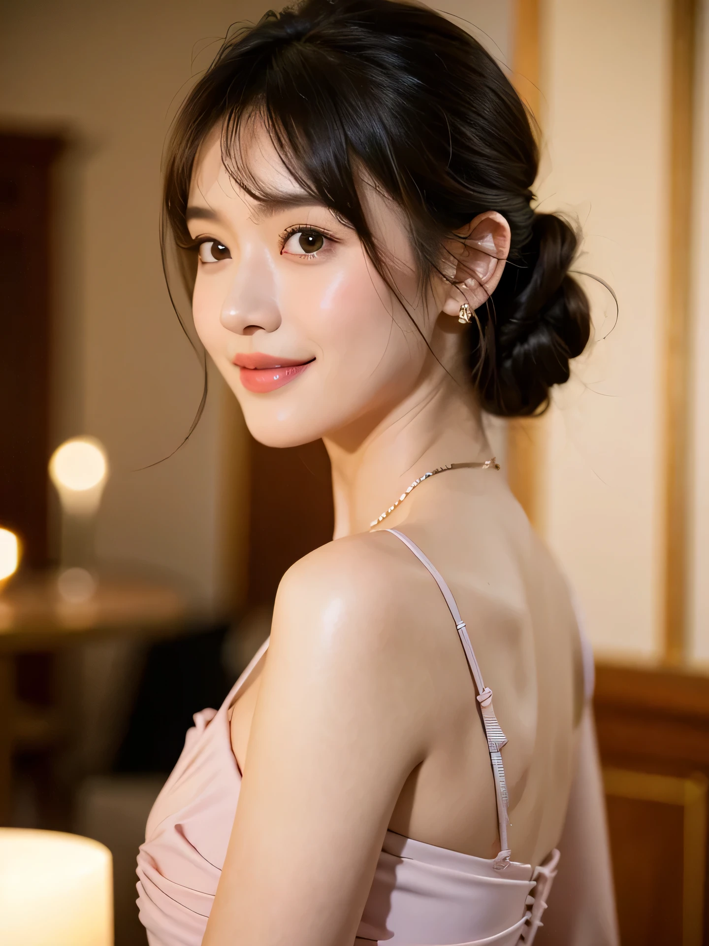((Attention while browsing)), 1girl, (face close-up:1.21), (smiling mouth:1.37), (Exquisite facial details), (Highest quality realistic skin texture:1.4), Supermodel, 17 years old , Perfect Anatomy:1.37, Indonesian women, high school girl, gravure, sexy, ((wearing women's shirt, vertical striped motif, 2 striped patterns, light brown and dark brown)), profile shot, traditional costume, emir, backdrop, formal attire, (In the party room at night:1.21), Very detailed, Correct teeth position, (Brown eyes) , Symmetrical eyes, Thin eyelashes, Sharpen eyebrows, ((Good eyes for quality:1.2)), (Long eyeliner), (Pink lipstick:0.8), (Nose detail:1.2), Perfect composition, (look fresh and excited:1.2), (Beautiful Lips:1.33), (Short nose:1.2), (medium natural breasts), (Sexy lower body), (cleavage: 1.3), (updo hair style:1.37), (colored hair brown:1.21), ((Realistic)), ((Sharp focus)), (Highest Resolution), dramatic cinematography lighting.
