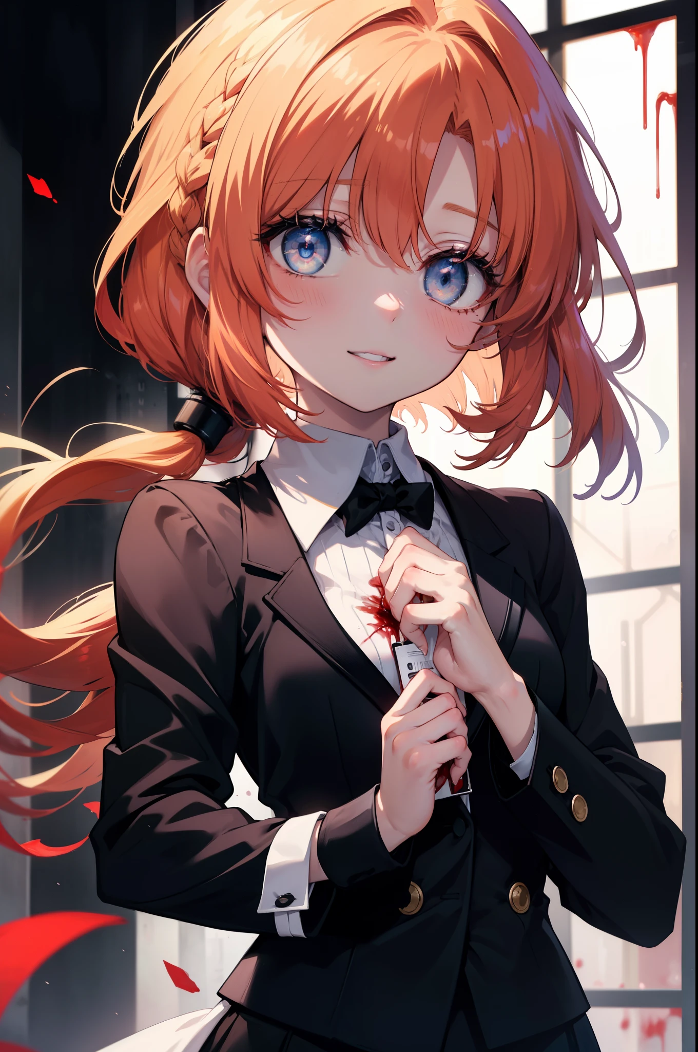 Rena Ryugu, rena ryuuguu, orange hair, long hair, short braid,hair blue eyes, smile, grin and laugh,creepy laughter, dead eyes,Psychopath horror,Bloodstained,blood drops,Spooky,Murder scene, serial killer, bathed in blood,Clothes with blood on them，black suit jacket with blood on it, bloody collared jacket,Bloodstained white dress shirt, shirt with blood on the collar, neckline, button, strap, ID card on neck, bloody black pencil skirt,bloody black pantyhose, looking at the viewer, (small breasts:1.2),
break looking at viewer,
break indoors, office,
break (masterpiece:1.2), highest quality, High resolution, unity 8k wallpaper, (figure:0.8), (detailed and beautiful eyes:1.6), highly detailed face, perfect lighting, Very detailed CG, (perfect hands, perfect anatomy),