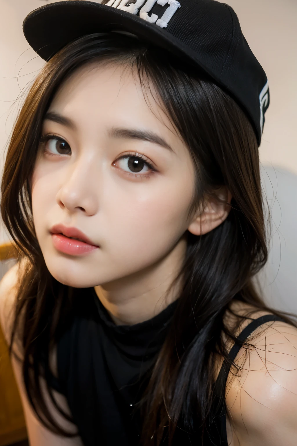 ((Show only the face、close up of face))、(tanktop wear、lie down on the chair、indoor、baseball hat、(bright room)、cute japanese woman、、high school girl、young girl、warm, beautiful detailed eyes double lids, downturned eyes, beauty eyelashes, translucent skin, detail nose natural, thin lip natural, round eye shape