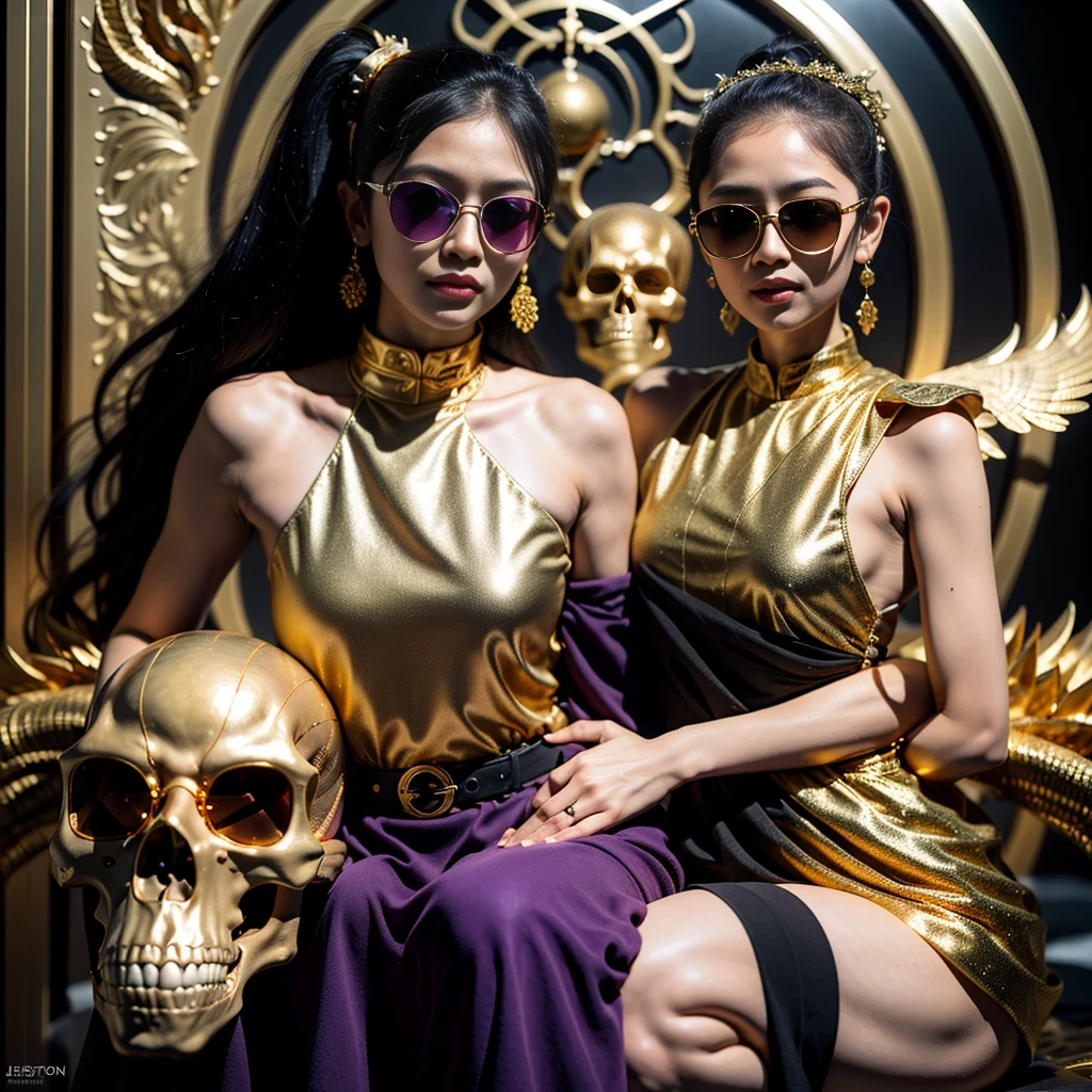 On snowy nights,32k(masterpiece,HD,super high quality,32k)Purple-pink double ponytail,flower stick,Indigo Skull King ,mahogany steering wheel (The skeleton is very realistic:1.4),crocodile print robe,Rusty skull ornaments,Sand gold linen cloak,Petals flying,Deep gold sunglasses,Hold your head high,worthy of pride,looking at people through nostrils,A primary and secondary school student, high resolution,Xueba, detail, original photo, Sharp Re, Nikon D850 film photo by Jefferies Lee 4 Kodak Portra 400 camera F1.6 guns, rich and colorful, Super real、Vivid texture, dramatic lighting, Unreal Engine Art Station Trend, Silicon Nest 800,Hold your head high,side,worthy of pride,looking at people through nostrils,arrogant,Petals flying,Petals flying,Gold-plated crocodile leather,Fluttering,Impeccable,( Reasonable design, clear lines, HD definition,best quality, Very detailed skeleton, skeleton of masterpiece, official art, Lighting effects, 8K crocodile skeleton(((Platinum marble sunglasses)))Deep gold sunglasses,sideportrait
