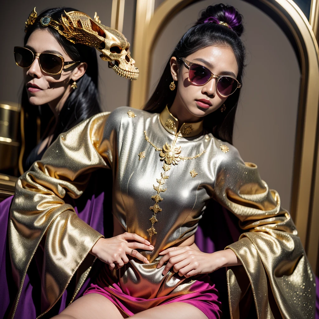 On snowy nights,32k(masterpiece,HD,super high quality,32k)Purple-pink double ponytail,flower stick,Indigo Skull King ,mahogany steering wheel (The skeleton is very realistic:1.4),crocodile print robe,Rusty skull ornaments,Sand gold linen cloak,Petals flying,Deep gold sunglasses,Hold your head high,worthy of pride,looking at people through nostrils,A primary and secondary school student, high resolution,Xueba, detail, original photo, Sharp Re, Nikon D850 film photo by Jefferies Lee 4 Kodak Portra 400 camera F1.6 guns, rich and colorful, Super real、Vivid texture, dramatic lighting, Unreal Engine Art Station Trend, Silicon Nest 800,Hold your head high,side,worthy of pride,looking at people through nostrils,arrogant,Petals flying,Petals flying,Gold-plated crocodile leather,Fluttering,Impeccable,( Reasonable design, clear lines, HD definition,best quality, Very detailed skeleton, skeleton of masterpiece, official art, Lighting effects, 8K crocodile skeleton(((Platinum marble sunglasses)))Deep gold sunglasses,sideportrait