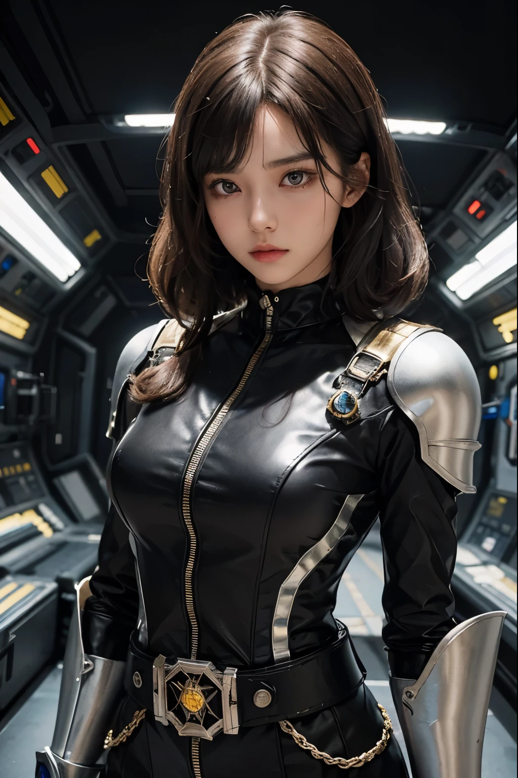 A beautiful woman. Dark brown hair. She has her bangs cut straight across her forehead. Twenty years old. She wears a metallic black battle uniform. There is something on her waist that reminds me of Kamen Rider's transformation belt. She is looking at the camera with a defiant expression. She's inside the spaceship's hangar.