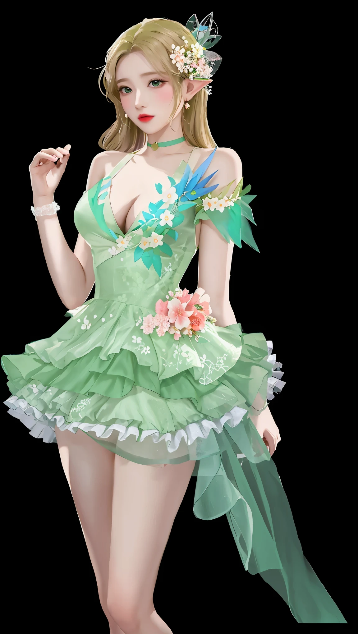 female elf, There is one wearing green clothes、woman with flowers on head, spring goddess, wearing clothes, 穿着发光floral dress的女士, beautiful elegant dryad, floral dress, !!full body portrait!!, fantasy costumes, fantasy dress, Beautiful and charming woman, frilly clothing, dressed in a floral dress