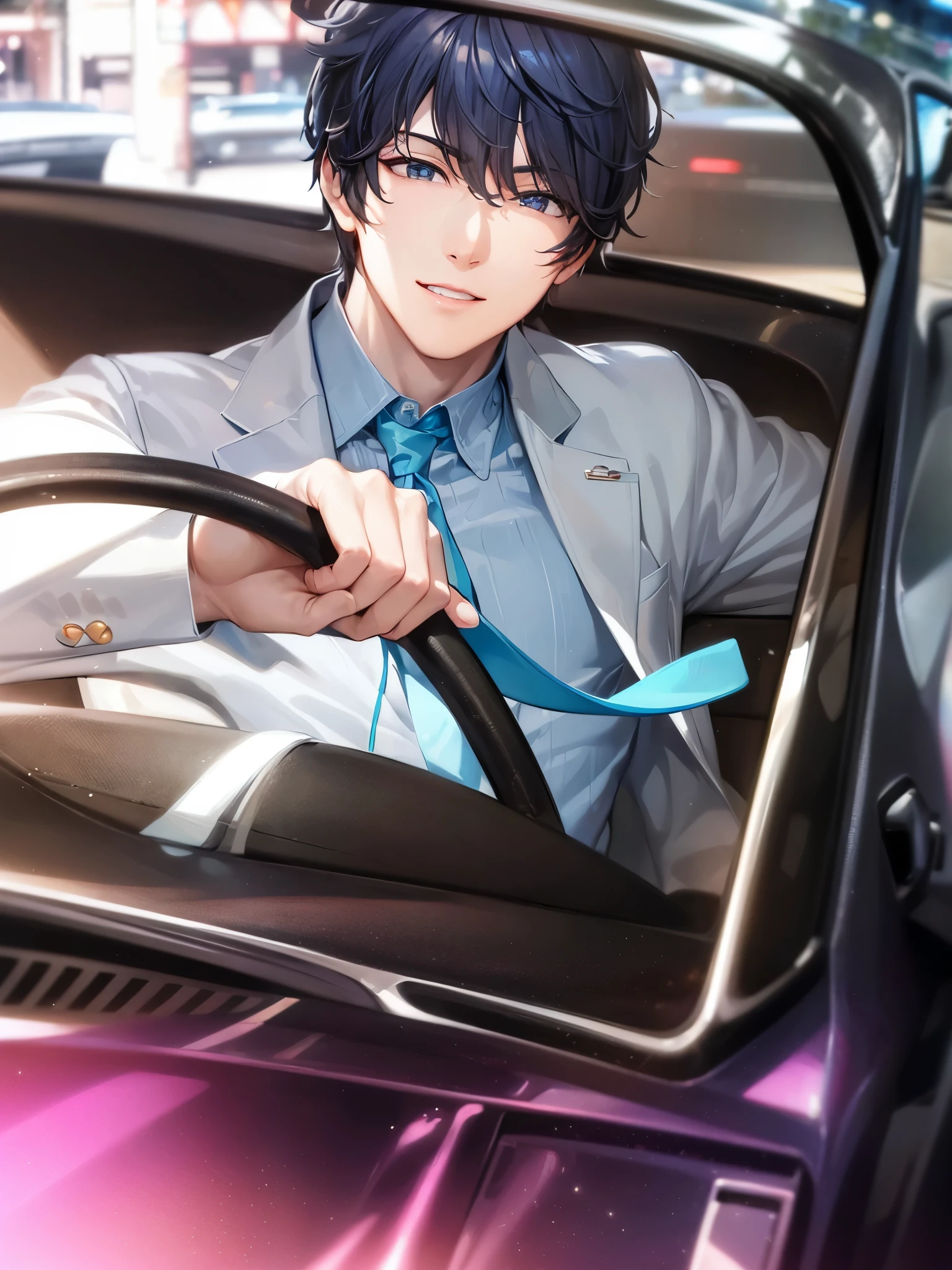 a handsome guy、serious expression、please close your mouth、riding in an open car、Highly Detailed CG Unity 8K Wallpaper, (super masterpiece, beautiful person, well detailed face polluted smile, It&#39;s photorealistic, hyper realistic)