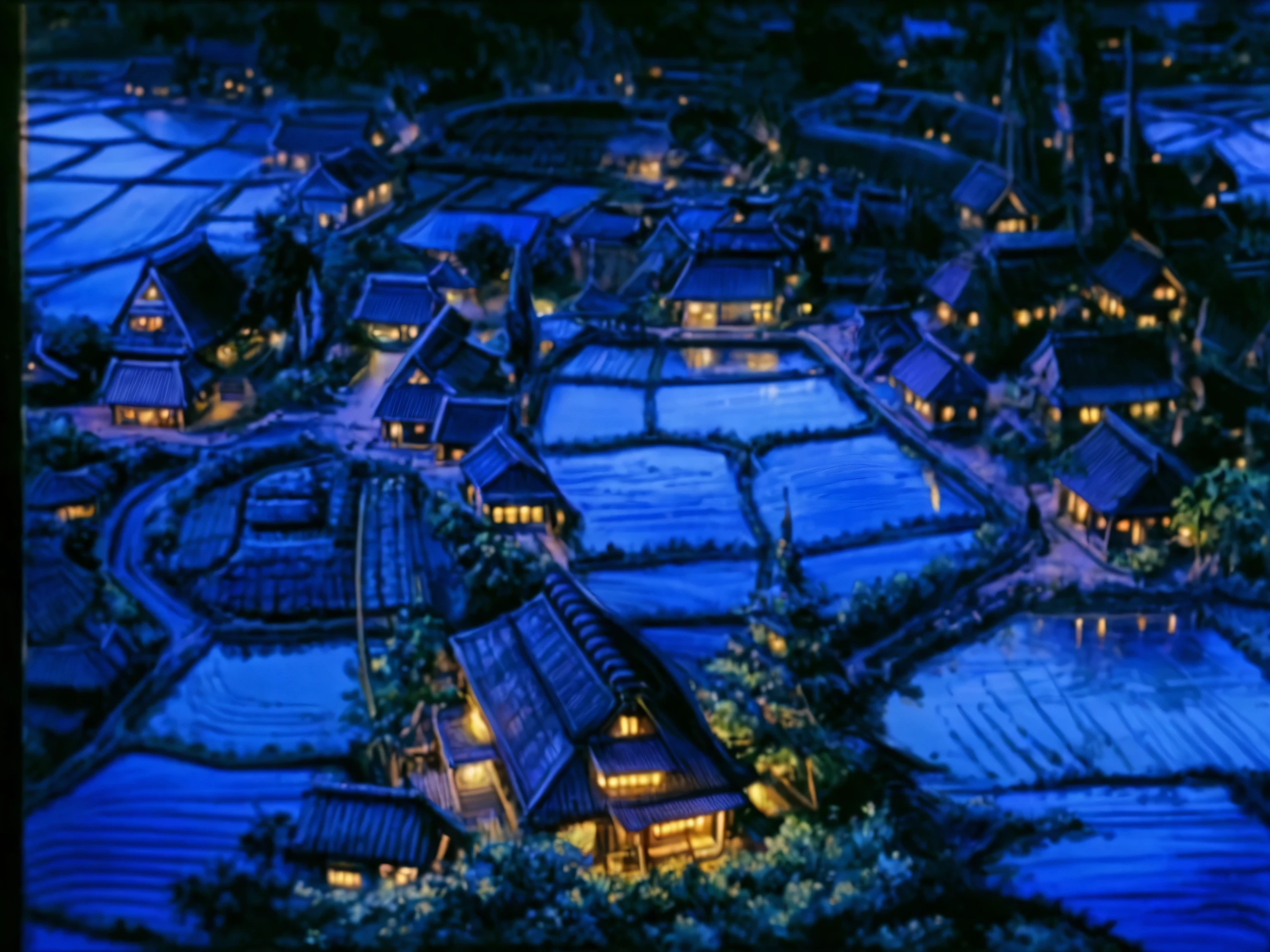Japanese animation, night, blue, A village, paddy, Indoor with yellow light, ultra high definition, Add details