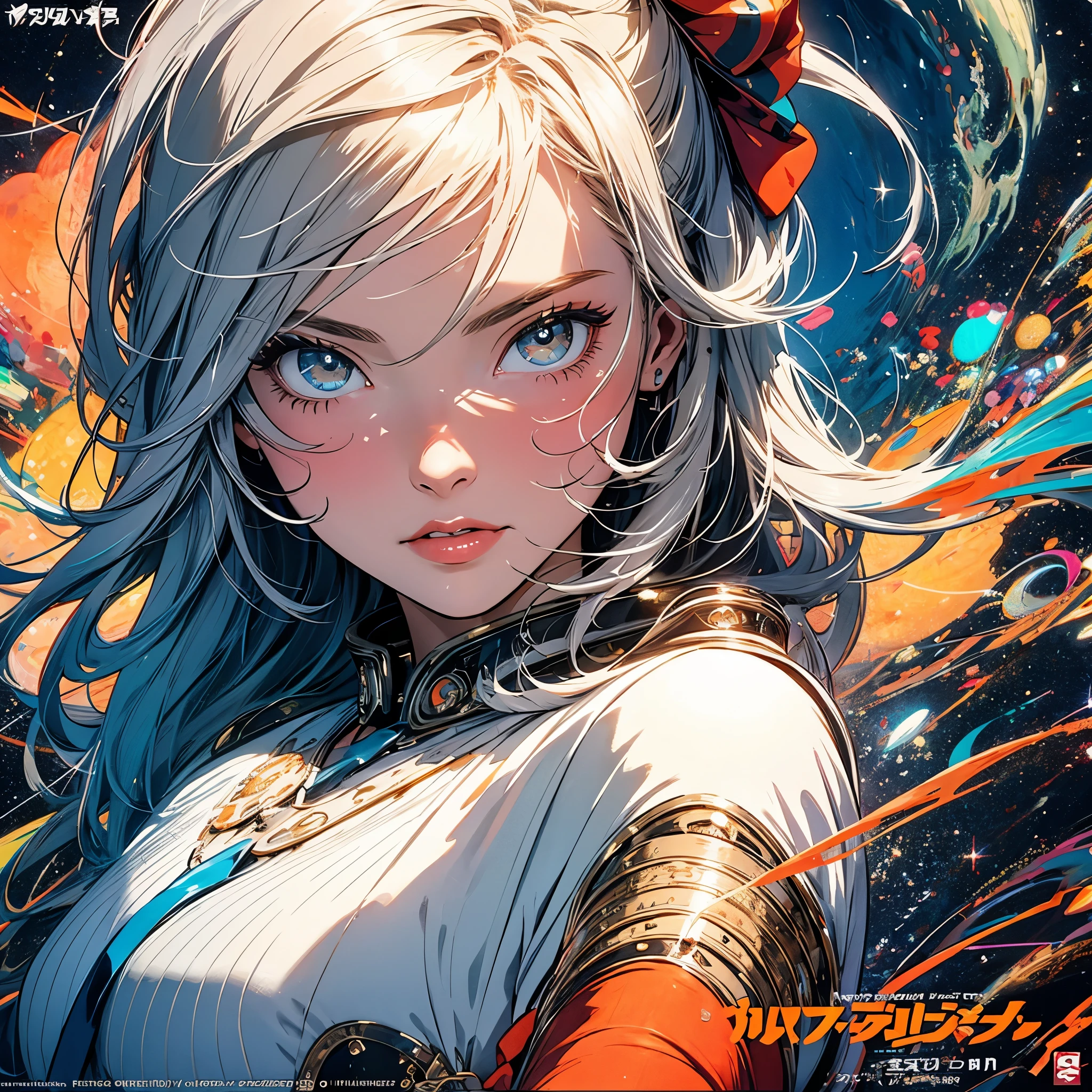 (masterpiece, highest quality), 32K,(highly detailed beautiful woman), poster,SF,1960s,1970s,bauhaus, shape, abstract,movie poster, vintage,retro,futuristic anime,ultimate map,highlight,highly detailed glowing eyes,cleavage,complicated pattern,Stylish hairstyle,gray and orange clothes,Starry Sky