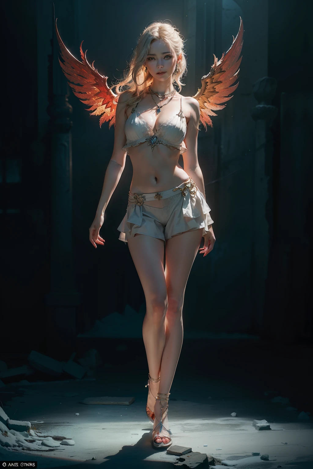 (Numerous award-winning masterpieces, with incredible detail, textures and maximum detail), (full-body standing image:1.8), (hyper realistic:1.4), (upper body up:0.3), (realistic:1.3), (best quality real texture skin), (finely detailed true circle Symmetrical eyes), (A finely drawn beautiful face), (decadent image: 1.5), (Aesthetic image: 1.5), (lewd and seductive image:1.2), ((medieval world)), ((The Lord's Black Devil)), ((The Lord's White Devil)), (icy look in the eye), (She has a mischievous smile on her face), (Eyes that glow red in the dark:1.5), (many Devil dancing in the background), (Dramatic Light), (A majestic sight), (Her countenance is gentle and beautiful, but somehow terrifying), ((Large wings with feathers behind shoulders)), (Folded wings), Glass earrings on the ears, (full-body standing image:1.8), (((dramatic photo))), (twilight), (sunset), (dusk), (Seducing Pose), (dramatic pose), (golden hair), (silver hair), (chestnut hair), Short cut hair, ((Full-length portrait)), ((looks up)), ((looking down)), (Around her neck is a simple necklace of exquisite workmanship), (Swirling flames), (Swirling lightning), (swirling ice and snow), (full-body standing image:1.8), Old ruins infested with plants, great temple, great cathedral, temple ruins, detached temple, Luminous magic circle, Ruins of an ancient castle, Deserted ruins, crumbling ruins, Ancient ruins with clear water, wavelets, running water, Shining majestic cloud masses and sky, lightning bolt, epic realistic, ((neutral colors)), (hdr:1.5), (muted colors:1.2), hyper detailed, cinematic, warm lights, dramatic light, (intricate details:1.1), complex background,