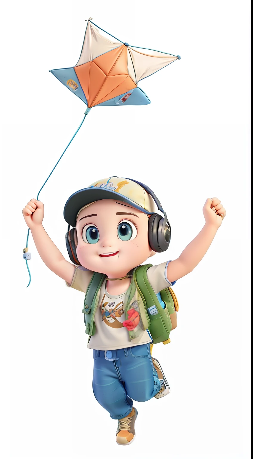 fly a kite,Headphones,baseball cap,Backpack,jeans,sports shoes