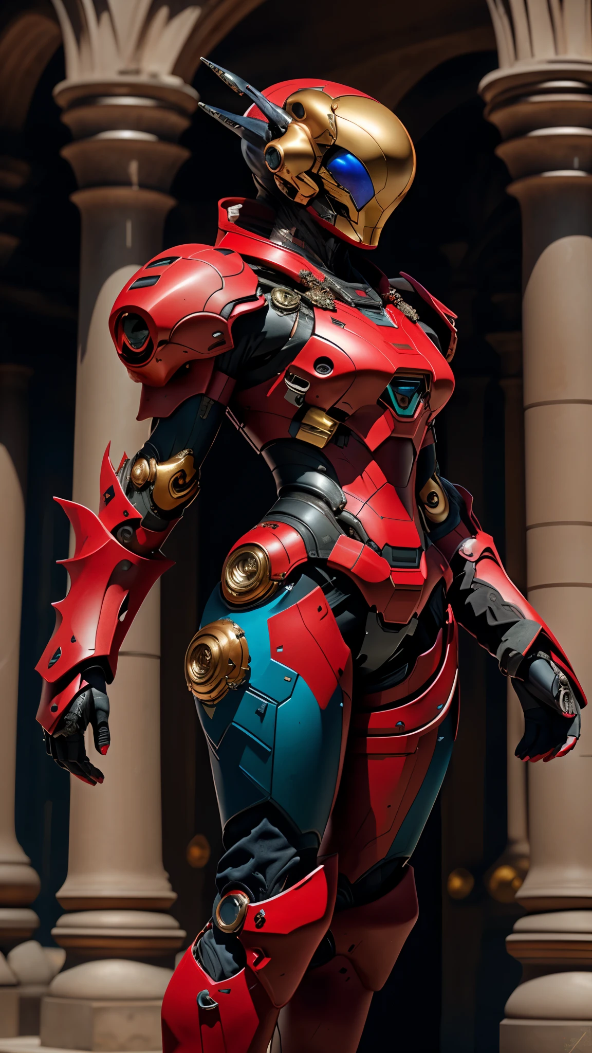 A woman adorned in fantasy-style full-body armor, a crown-concept fully enclosed helmet that unveils only her eyes, a composite layered chest plate, fully encompassing shoulder and hand guards, a lightweight waist armor, form-fitting shin guards, the overall design is heavy-duty yet flexible, ((the armor gleams with a golden glow, complemented by red and blue accents)), exhibiting a noble aura, she floats above a fantasy-surreal high-tech city, this character embodies a finely crafted fantasy-surreal style armored hero in anime style, exquisite and mature manga art style, (Queen bee mixed with Spider concept Armor, plasma, blood), ((Element, energy, elegant, goddess, femminine:1.5)), metallic, high definition, best quality, highres, ultra-detailed, ultra-fine painting, extremely delicate, professional, anatomically correct, symmetrical face, extremely detailed eyes and face, high quality eyes, creativity, RAW photo, UHD, 32k, Natural light, cinematic lighting, masterpiece-anatomy-perfect, masterpiece:1.5