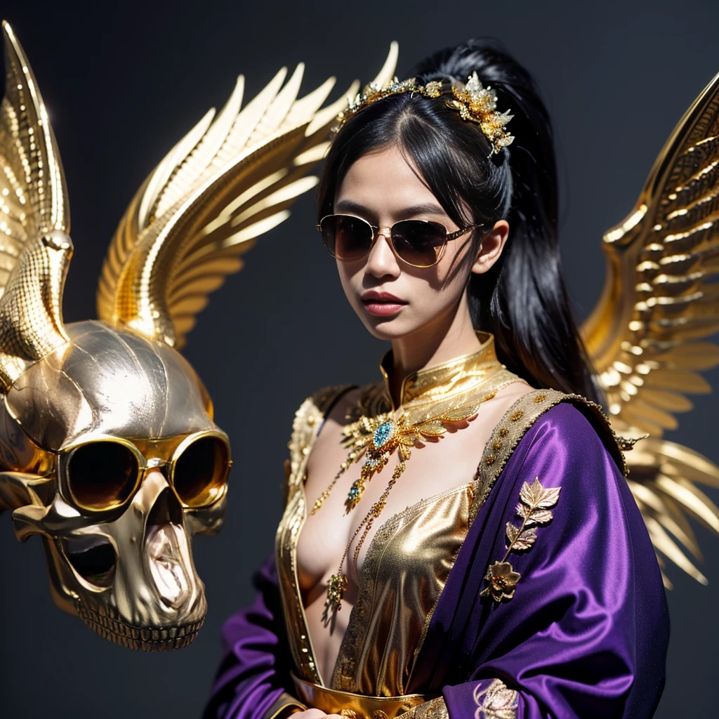 On snowy nights,32k(masterpiece,HD,super high quality,32k)Purple-pink double ponytail,flower stick,Indigo Skull King ,mahogany steering wheel (The skeleton is very realistic:1.4),crocodile print robe,Rusty skull ornaments,Sand gold linen cloak,Petals flying,Deep gold sunglasses,Hold your head high,worthy of pride,looking at people through nostrils,A primary and secondary school student, high resolution,Xueba, detail, original photo, Sharp Re, Nikon D850 film photo by Jefferies Lee 4 Kodak Portra 400 camera F1.6 guns, rich and colorful, Super real、Vivid texture, dramatic lighting, Unreal Engine Art Station Trend, Silicon Nest 800,Hold your head high,side,worthy of pride,looking at people through nostrils,arrogant,Petals flying,Petals flying,Gold-plated crocodile leather,Fluttering,Impeccable,( Reasonable design, clear lines, HD definition,best quality, Very detailed skeleton, skeleton of masterpiece, official art, Lighting effects, 8K crocodile skeleton(((Platinum marble sunglasses)))Deep gold sunglasses,sideportrait