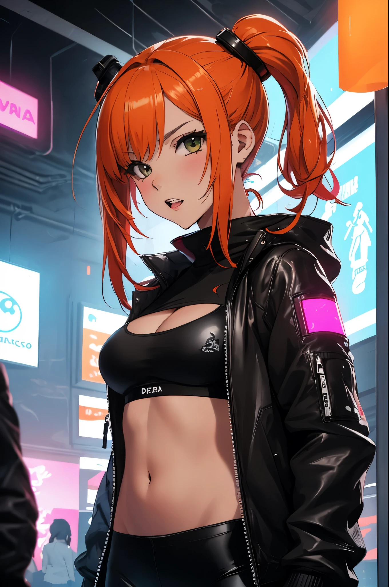 Draw a manga-style character with a physical appearance with this form of the hair Orange with black highlights, tied into two ponytails shaped like jaws, similar to Mawile from Pokémon, Eyes Pink, bright, and expressive and Build Slim and athletic, Attire Upper Body White leather jacket with cyberpunk details, such as integrated LED lights or futuristic lines, Lower Body Sporty bikini in orange, white, and black colors, blending with the cyberpunk style while allowing freedom of movement for physical activities, Personality Creative and curious Always seeking new experiences and forms of expression, Her creative mind drives her to constantly explore new ideas and concepts, dos chicas tentaculos lindo ，longitud media del cabello