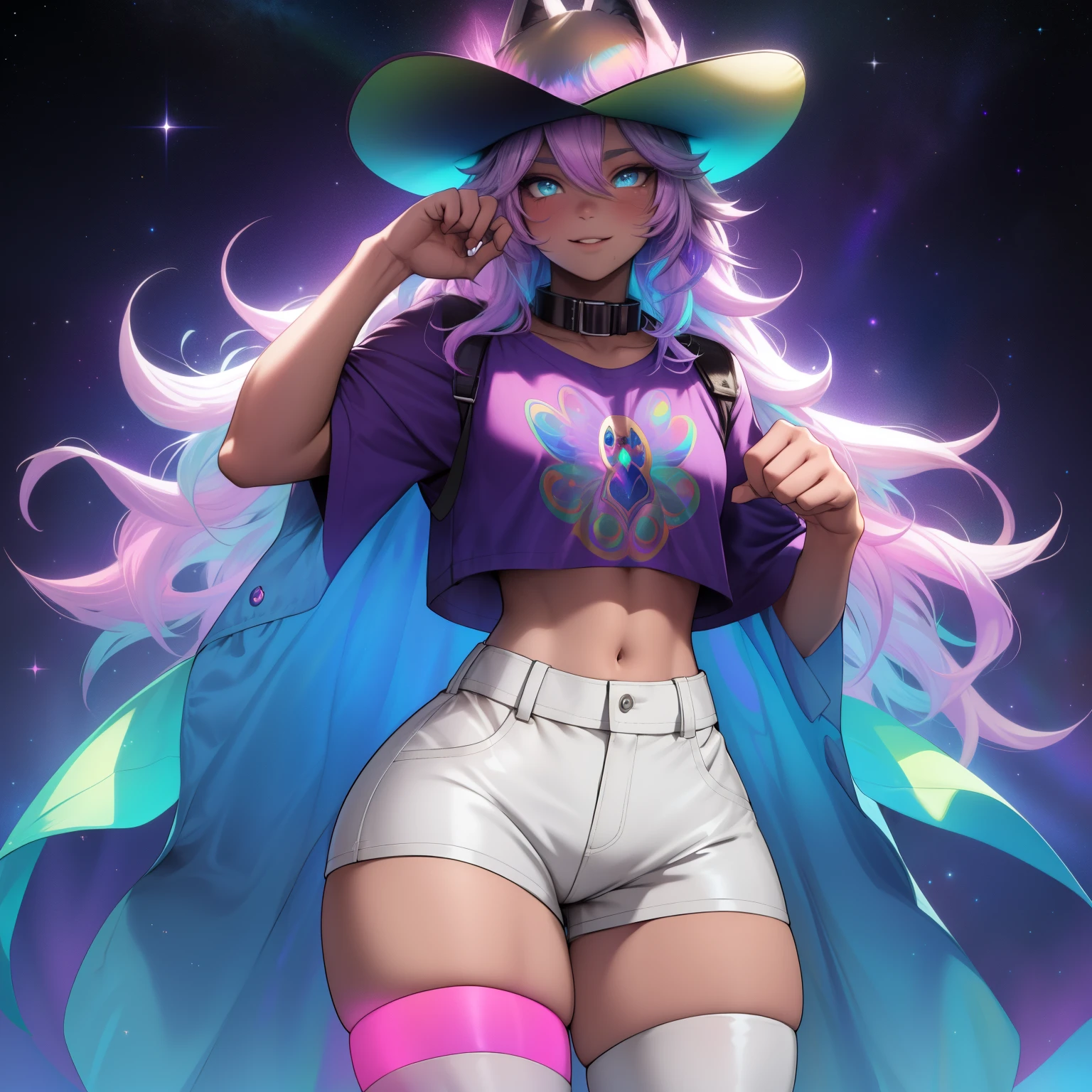 a short, skinny, galactic space young boy wearing a rainbow trench coat with a peacock inspired design, glowing blue eyes, wearing cropped t-shirt, flat chested, flat chest (SUPER FLAT CHEST) has wolf ears and a wolf tail, wide hips, pink lips, thick thighs, has long wavy rainbow gradient colored sparkly hair, twink, happy, blushing, flustered, showing thighs, wearing thigh high boots, wearing short shorts, curvy, solo, alone, (SOLO)(ALONE), has long wavy rainbow gradient colored sparkly hair, dynamic pose, dancing pose, wearing collar, wearing cowboy hat
