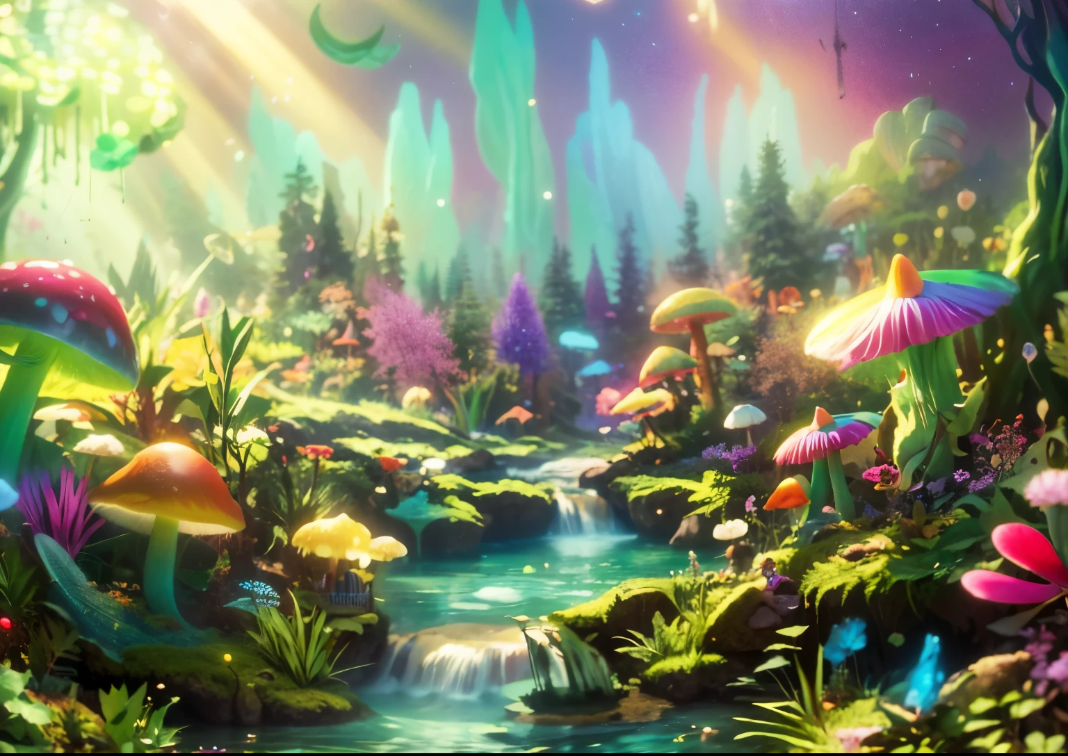 Close-up of a stream in the forest, psychedelic mushroom dream, enchanted forest backround, magic fairy forest, magic mushrooms, psychedelic forest, magical scenery, Magic fantasy very detailed, Whimsical and psychedelic, fairy forest, Magical fantasy forest, magic wonderland, magical world. rich and colorful, enchanted forest, Mysterious forest lagoon, psychedelic landscape, Whimsical fantasy landscape art