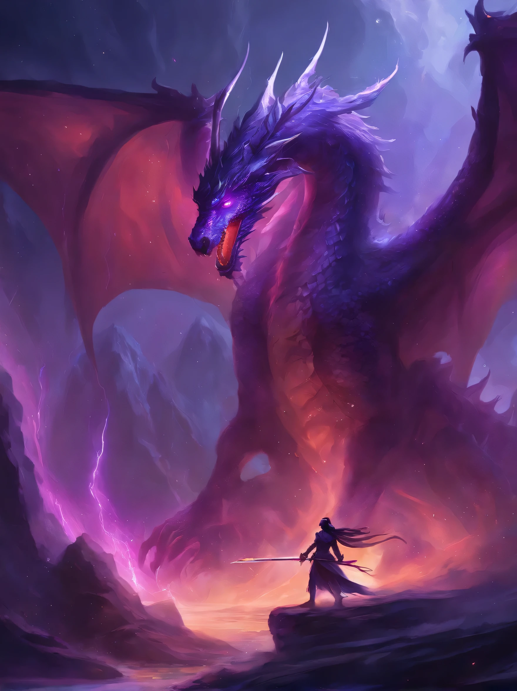 fight with dragon,purple, rain, warrior, theme, long sword, sword, current, like, beam, monster, three people, struggle, violent art style, dragon background