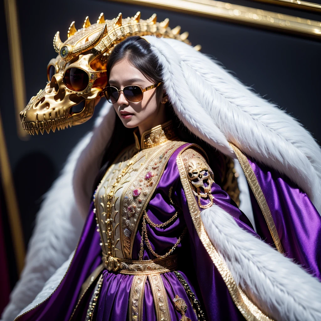 On snowy nights,32k(masterpiece,HD,super high quality,32k)Purple-pink double ponytail,flower stick,Indigo Skull King ,mahogany steering wheel (The skeleton is very realistic:1.4),crocodile print robe,Rusty skull ornaments,Sand gold linen cloak,Petals flying,Deep gold sunglasses,Hold your head high,worthy of pride,looking at people through nostrils,A primary and secondary school student, high resolution,Xueba, detail, original photo, Sharp Re, Nikon D850 film photo by Jefferies Lee 4 Kodak Portra 400 camera F1.6 guns, rich and colorful, Super real、Vivid texture, dramatic lighting, Unreal Engine Art Station Trend, Silicon Nest 800,Hold your head high,side,worthy of pride,looking at people through nostrils,arrogant,Petals flying,Petals flying,Gold-plated crocodile leather,Fluttering,Impeccable,( Reasonable design, clear lines, HD definition,best quality, Very detailed skeleton, skeleton of masterpiece, official art, Lighting effects, 8K crocodile skeleton(((Platinum marble sunglasses)))Deep gold sunglasses,sideportrait
