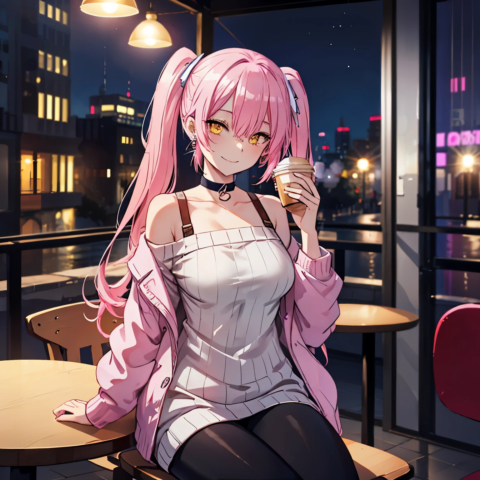 1 girl, yellow eyes, twintails hair, long hair, pink hair, medium breasts, medium ass, smile, Happy, Hairpins, Choker, smile, happy face, city, Night, Earrings, Leggings, light gray sweater with off shoulders, coat pink, Sitting at the table, table, chair, Blurred background, in a cafe, drinking coffee ultra detailed, 8K wallpaper, reflection light, ray tracing, realistic