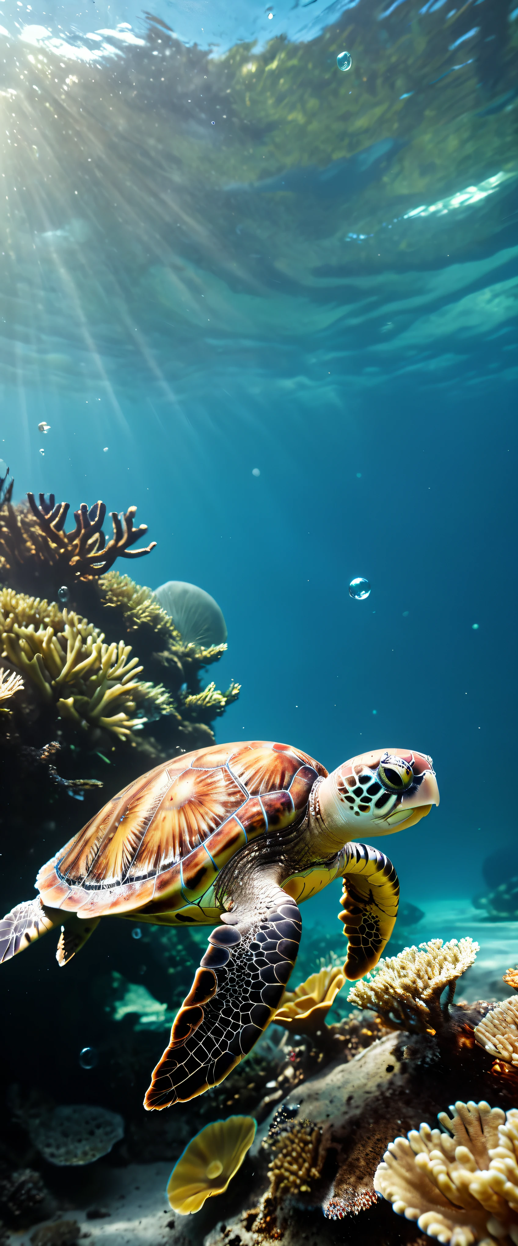 ((Masterpiece in maximum 16K resolution):1.6),((soft_color_photograpy:)1.5), ((Ultra-Detailed):1.4),((Movie-like still images and dynamic angles):1.3),| (Macro shot cinematic photo of a exotic sea turtle swimming in the sea), (macro lens), (tyndall effect), (bubbles), (coral), (mangroves), (neptune grass), (shimmer), (visual experience) ,(Realism), (Realistic),award-winning graphics, dark shot, film grain, extremely detailed, Digital Art, rtx, Unreal Engine, scene concept anti glare effect, All captured with sharp focus.
