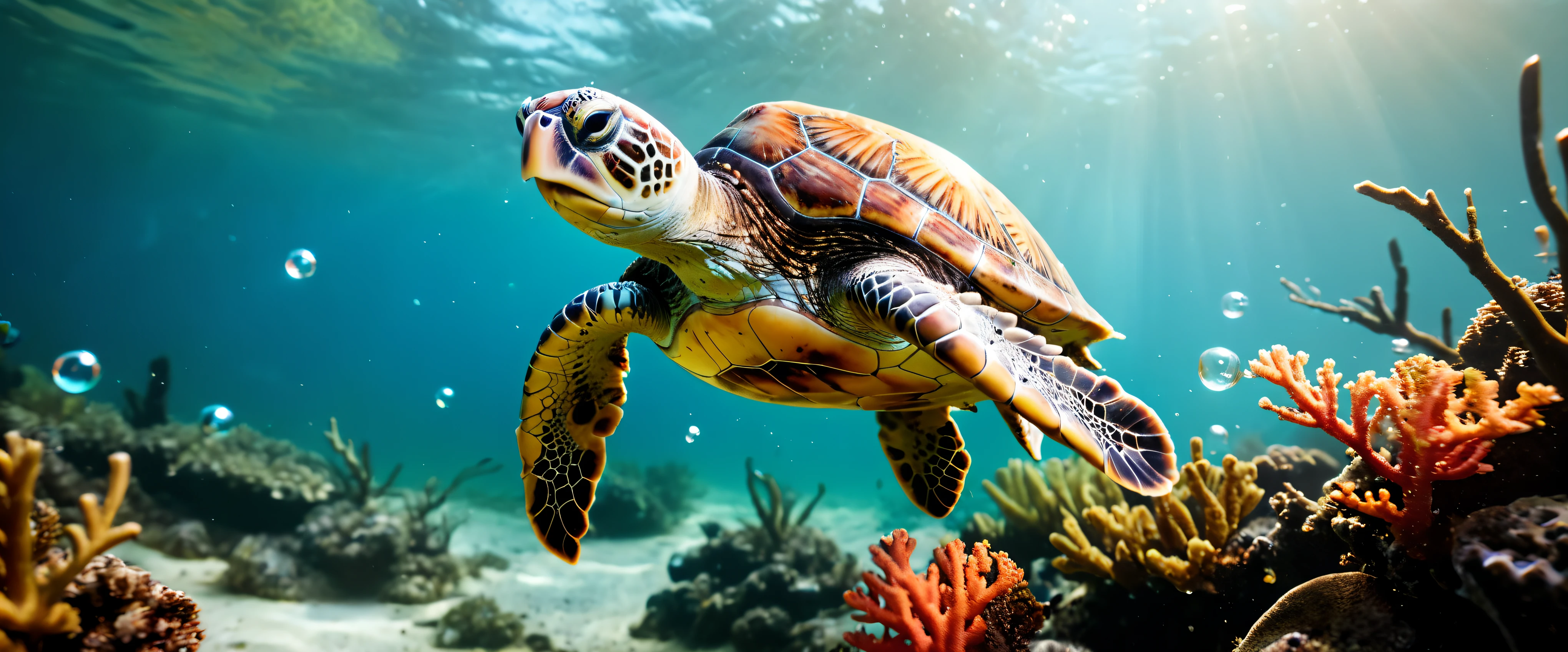 ((Masterpiece in maximum 16K resolution):1.6),((soft_color_photograpy:)1.5), ((Ultra-Detailed):1.4),((Movie-like still images and dynamic angles):1.3),| (Macro shot cinematic photo of a exotic sea turtle swimming in the sea), (macro lens), (tyndall effect), (bubbles), (coral), (mangroves), (neptune grass), (shimmer), (visual experience) ,(Realism), (Realistic),award-winning graphics, dark shot, film grain, extremely detailed, Digital Art, rtx, Unreal Engine, scene concept anti glare effect, All captured with sharp focus.