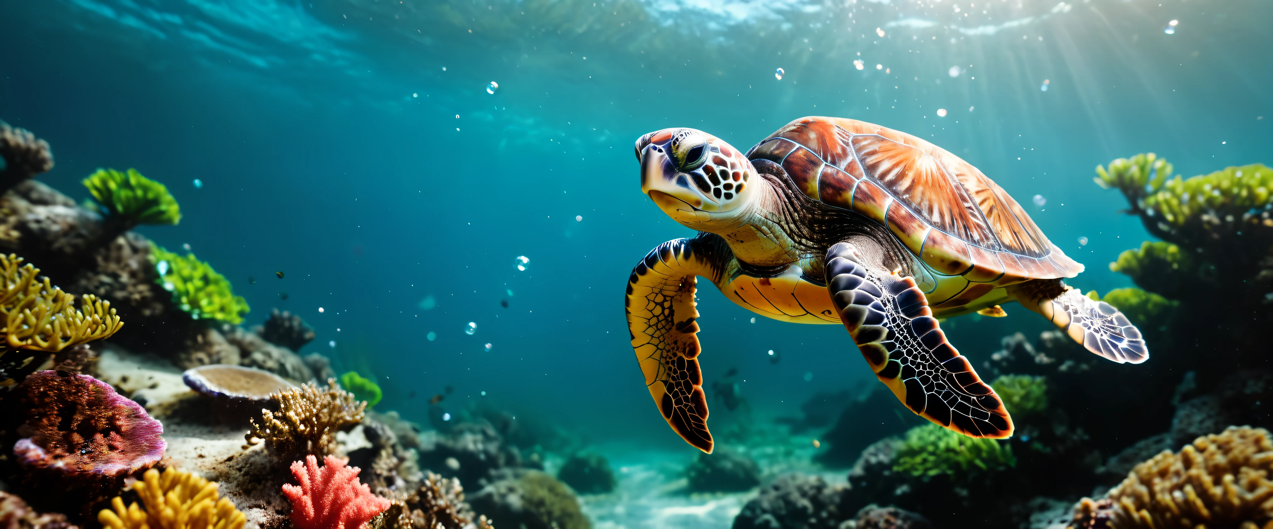 ((Masterpiece in maximum 16K resolution):1.6),((soft_color_photograpy:)1.5), ((Ultra-Detailed):1.4),((Movie-like still images and dynamic angles):1.3),| (Macro shot cinematic photo of a exotic sea turtle swimming in the sea), (macro lens), (tyndall effect), (bubbles), (coral), (mangroves), (neptune grass), (shimmer), (visual experience) ,(Realism), (Realistic),award-winning graphics, dark shot, film grain, extremely detailed, Digital Art, rtx, Unreal Engine, scene concept anti glare effect, All captured with sharp focus.